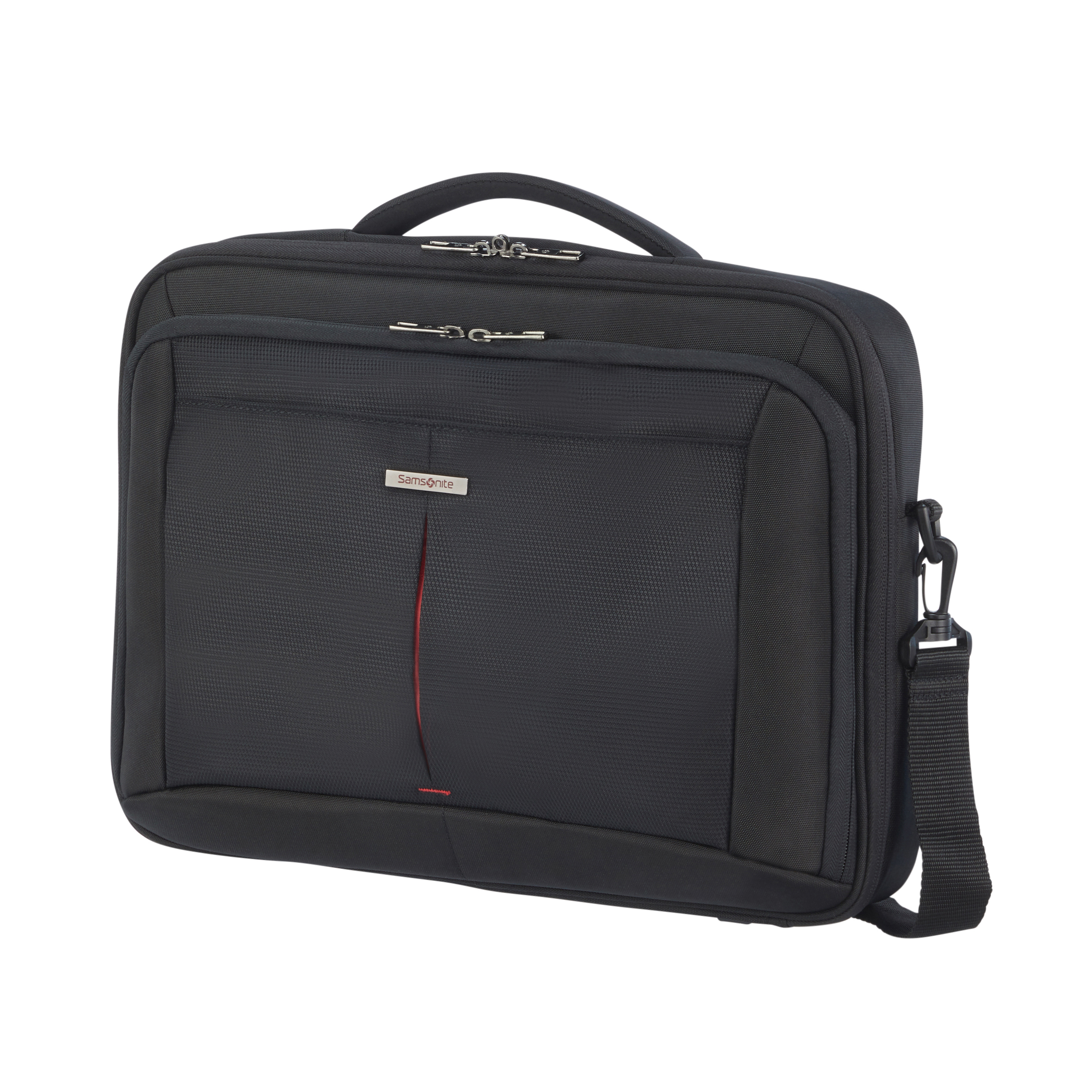 Ein schwarzer Samsonite-Aktenkoffer mit rotem Streifen. Er hat einen Griff, einen Gurt und eine Vordertasche.