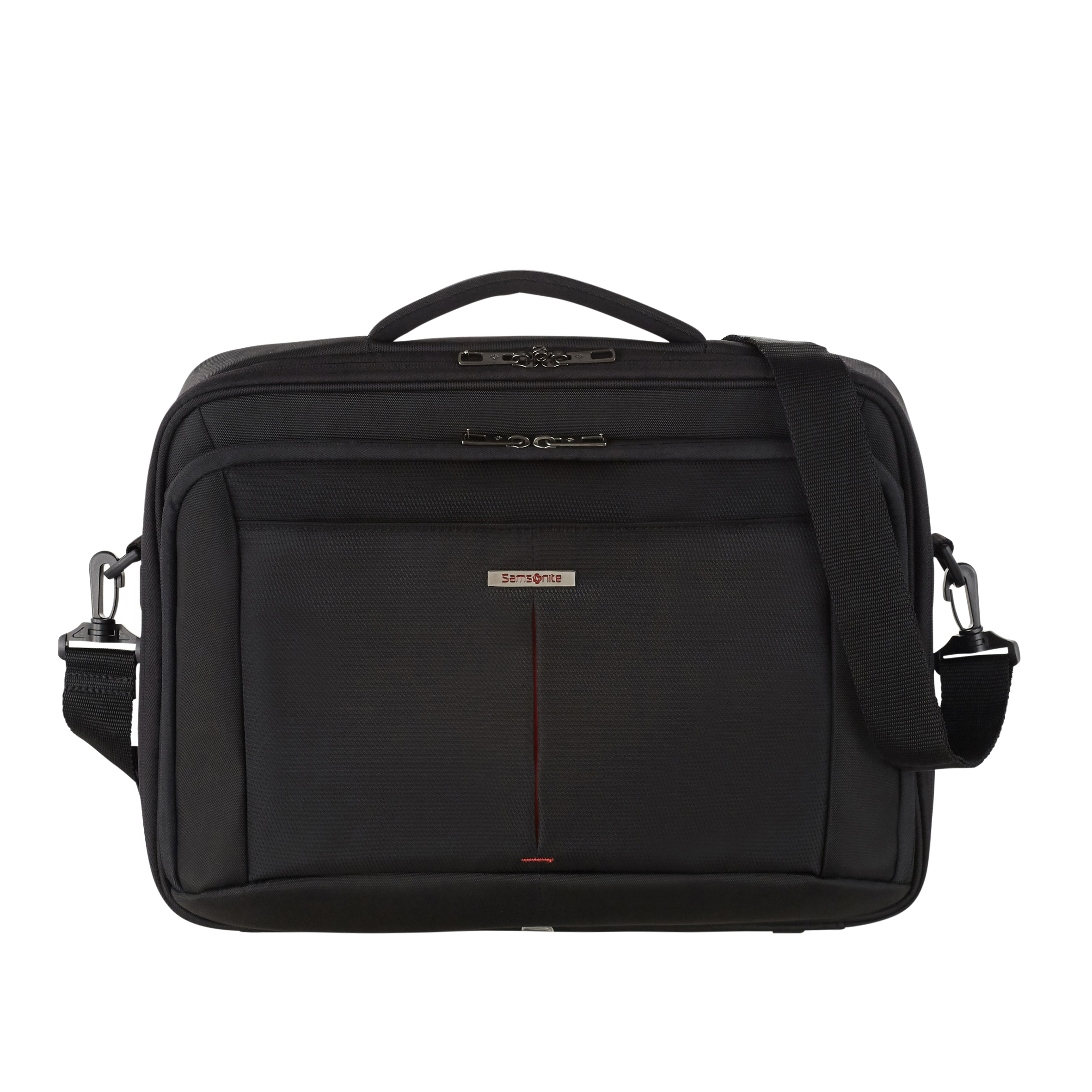 Schwarze Samsonite-Reisetasche mit Schultergurt, Griffen und rotem Streifen.