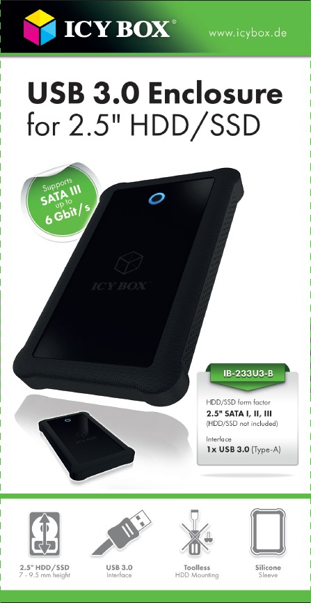 Schwarzes USB 3.0-Gehäuse für 2,5" HDD/SSD. Unterstützt SATA III bis zu 6 Gbit/s. Enthält ein kleines Modell.