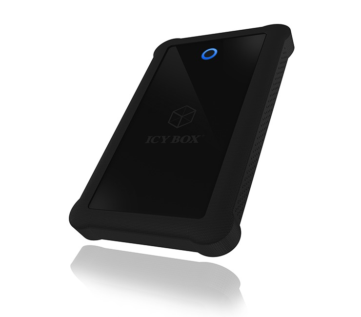 Eine schwarze externe Festplatte von ICY BOX mit blauem Licht oben und Logo.