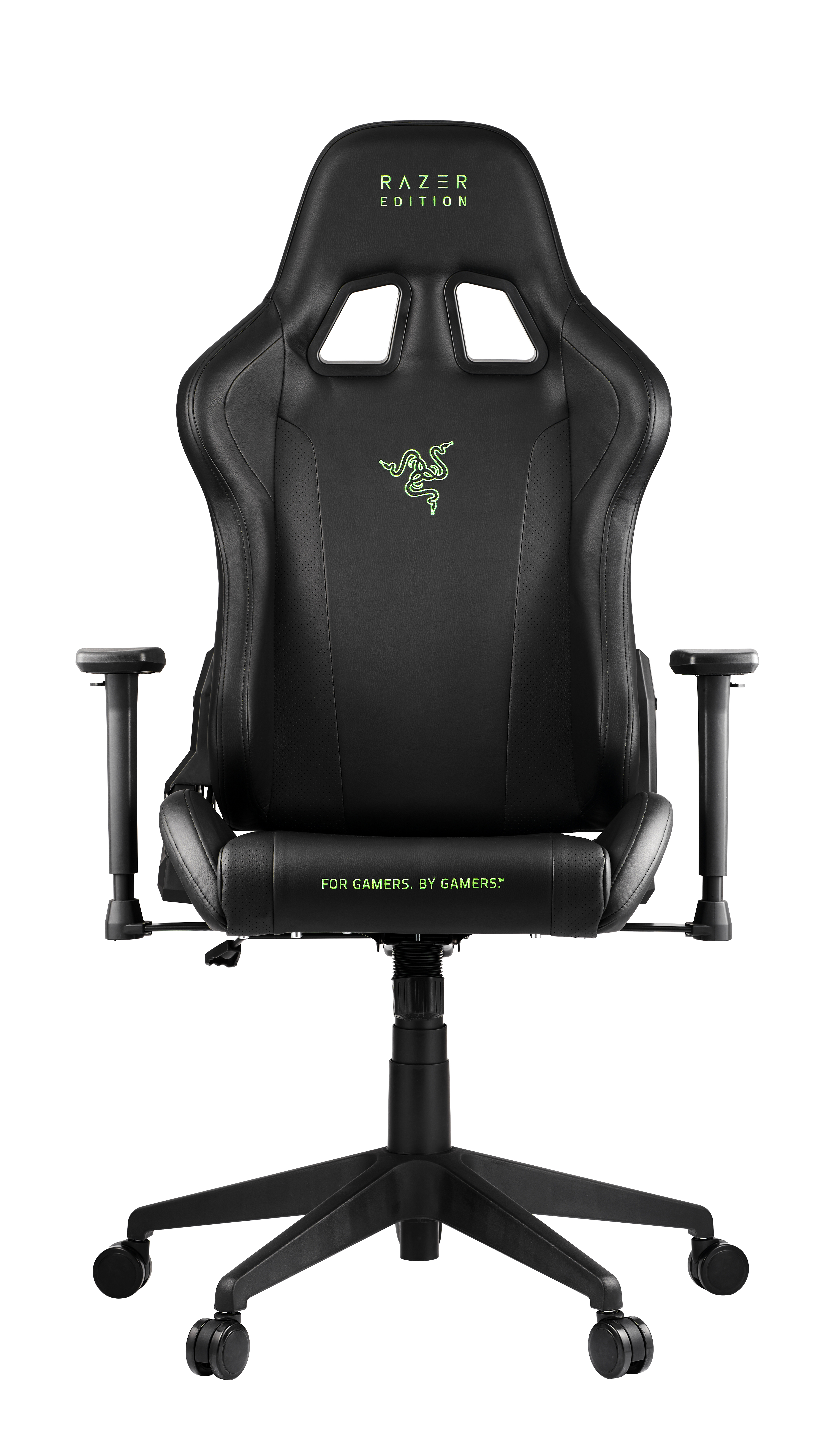 Schwarzer Razer Gaming-Stuhl mit Razer-Logo. Der Stuhl ist für Gamer konzipiert.