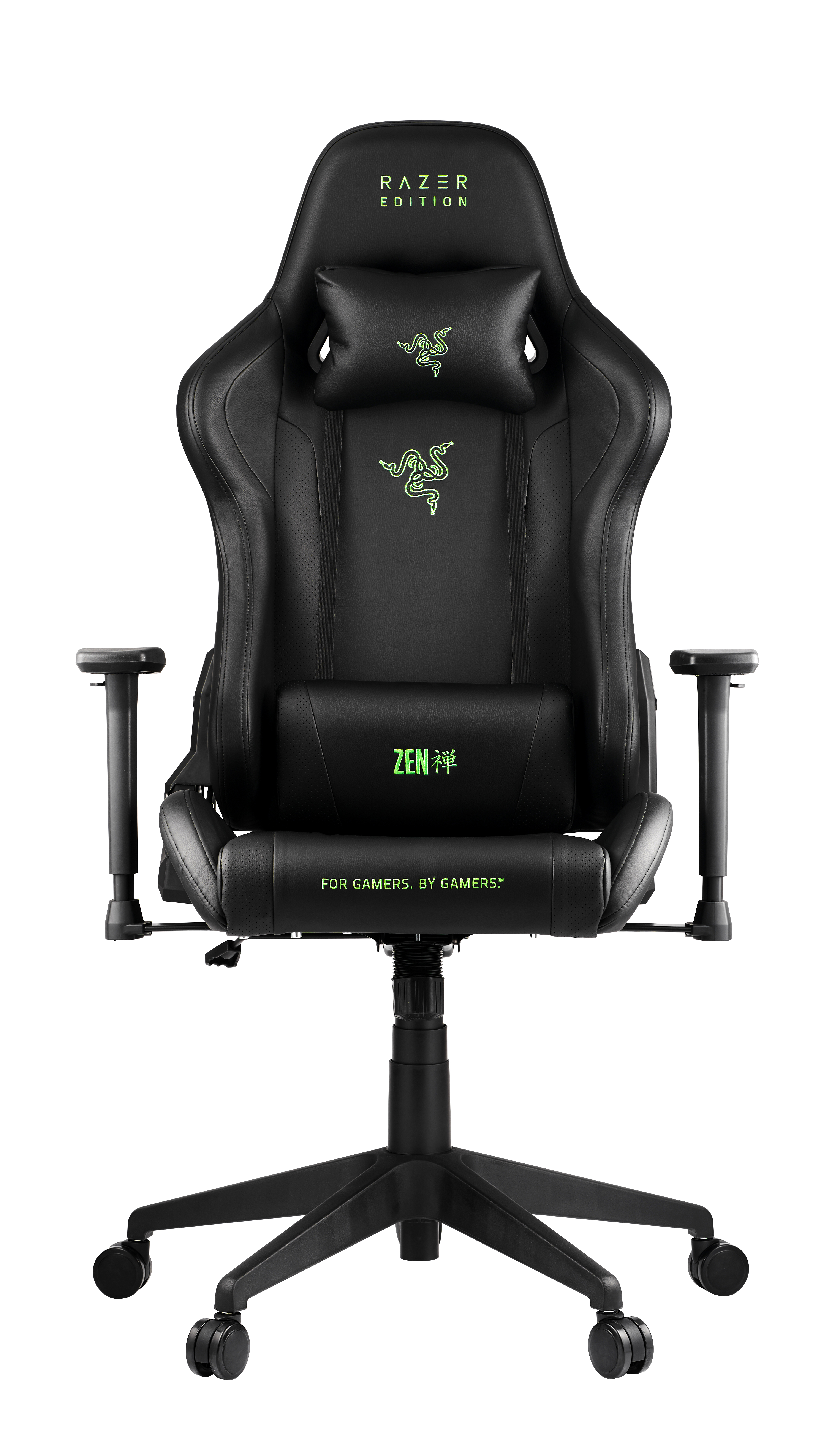 Schwarzer Razer-Gaming-Stuhl. Er hat eine Kopfstütze, Lendenwirbelstütze, Armlehnen und ein Fünf-Rollen-Gestell.