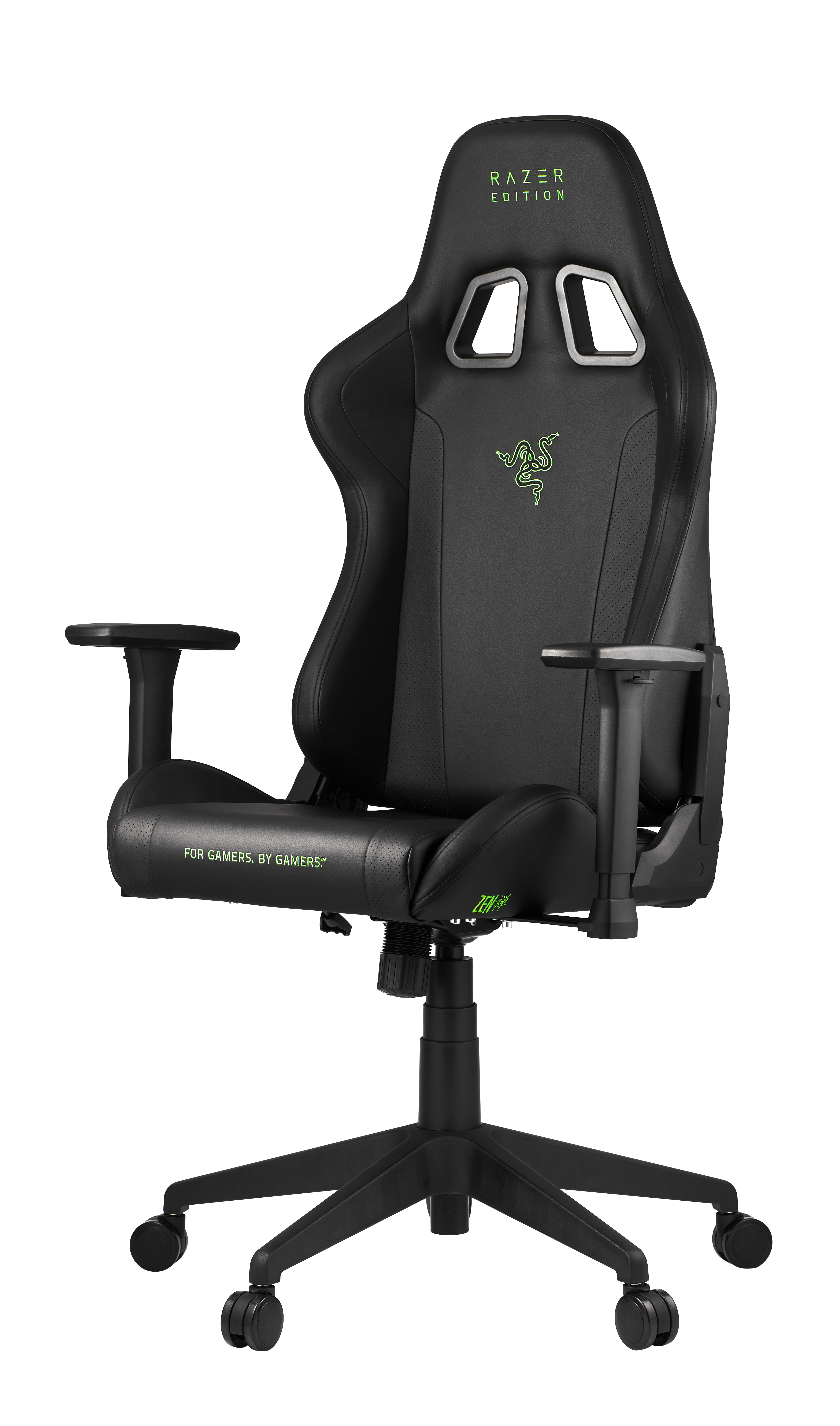 Gaming-Stuhl, schwarz mit grünen Akzenten, Razer-Logo und dem Text „FOR GAMERS. BY GAMERS.“