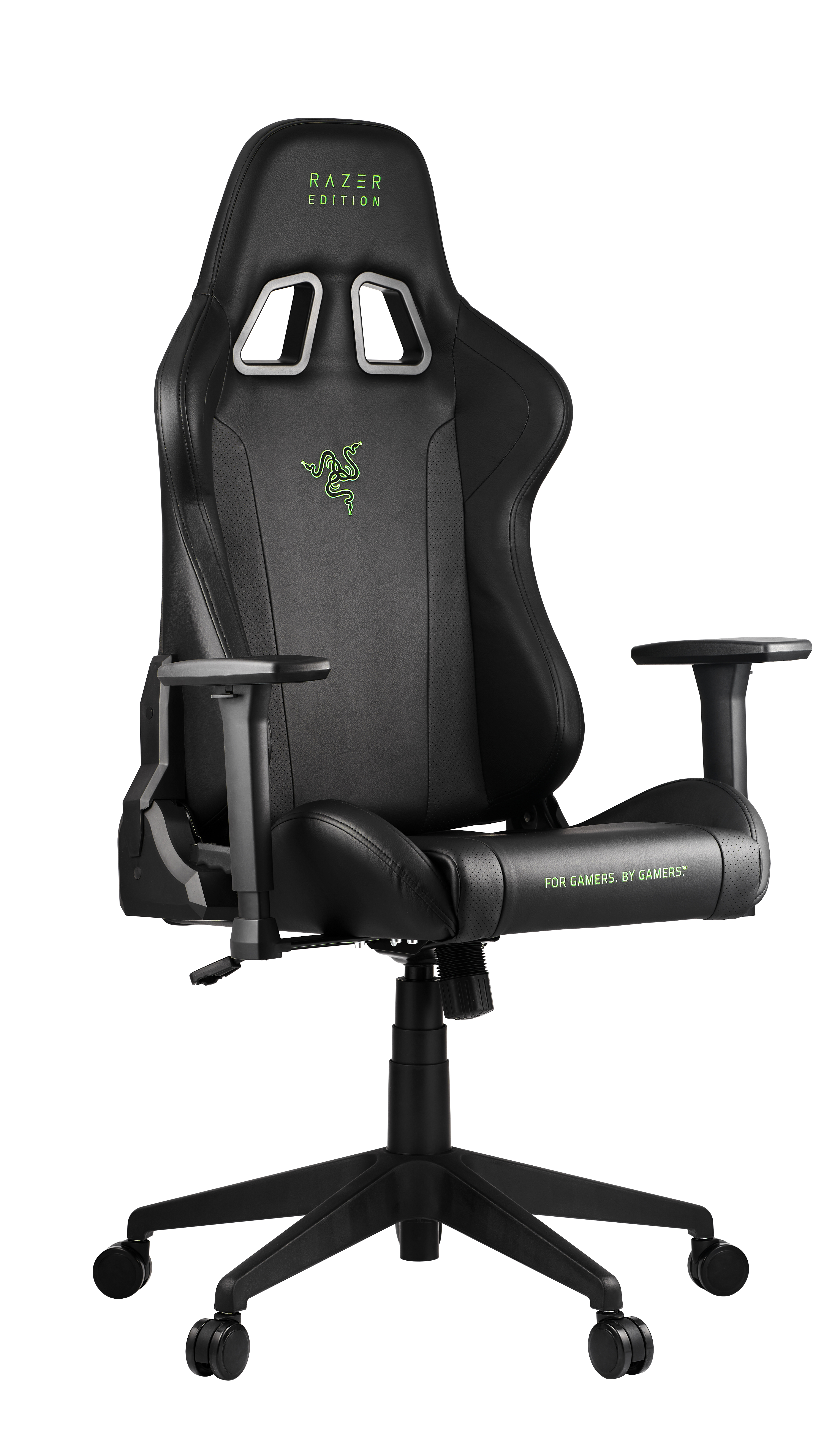 Ein schwarzer Razer Gaming-Stuhl mit grünem Razer-Logo und weißen Akzenten. Er steht vor weißem Hintergrund.