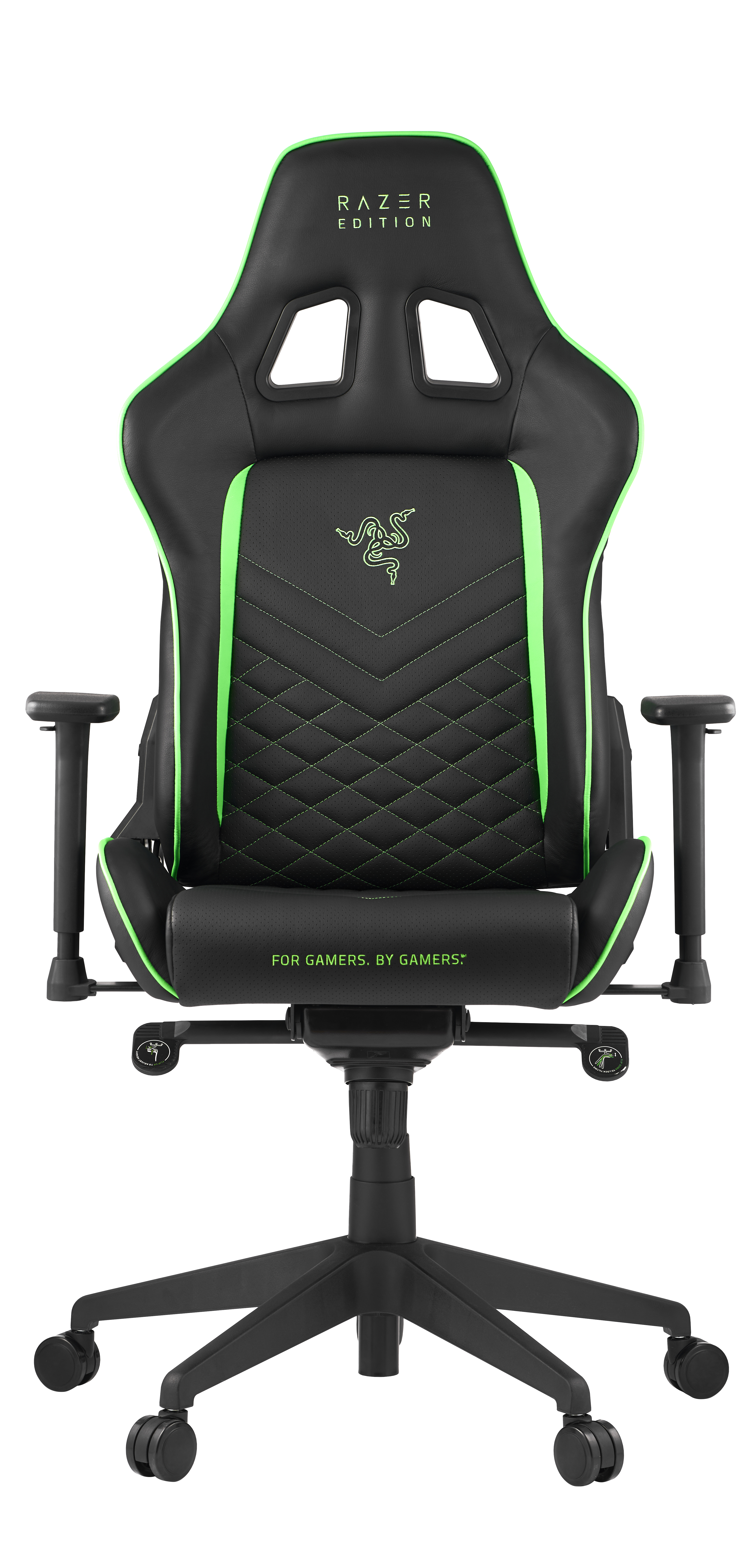 Schwarzer und grüner Gaming-Stuhl mit Kopfstütze, Rückenlehne und Rollen. 'RAZER EDITION' sichtbar.