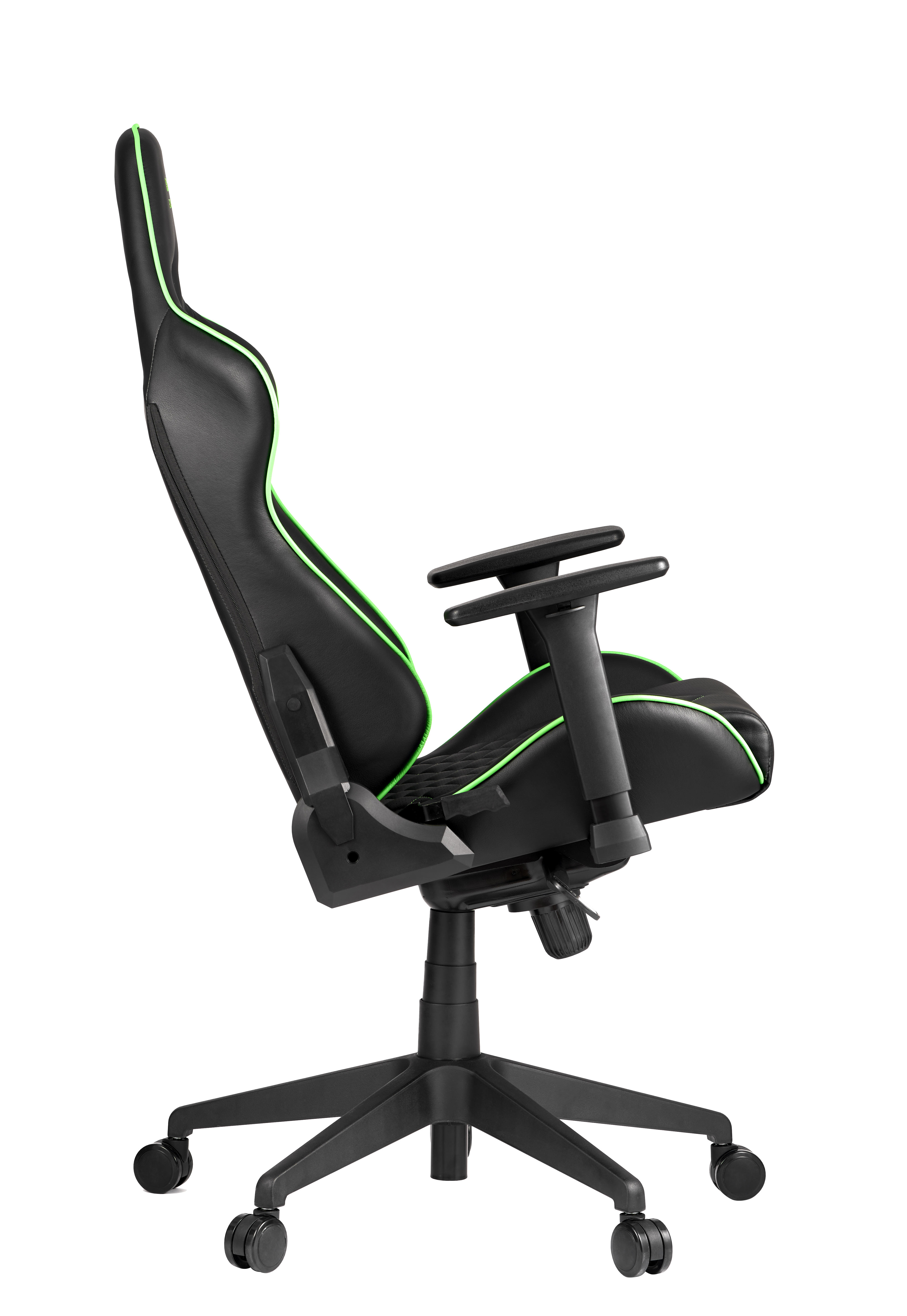Schwarzer und grüner Gaming-Stuhl, Seitenansicht, auf weißem Hintergrund.
