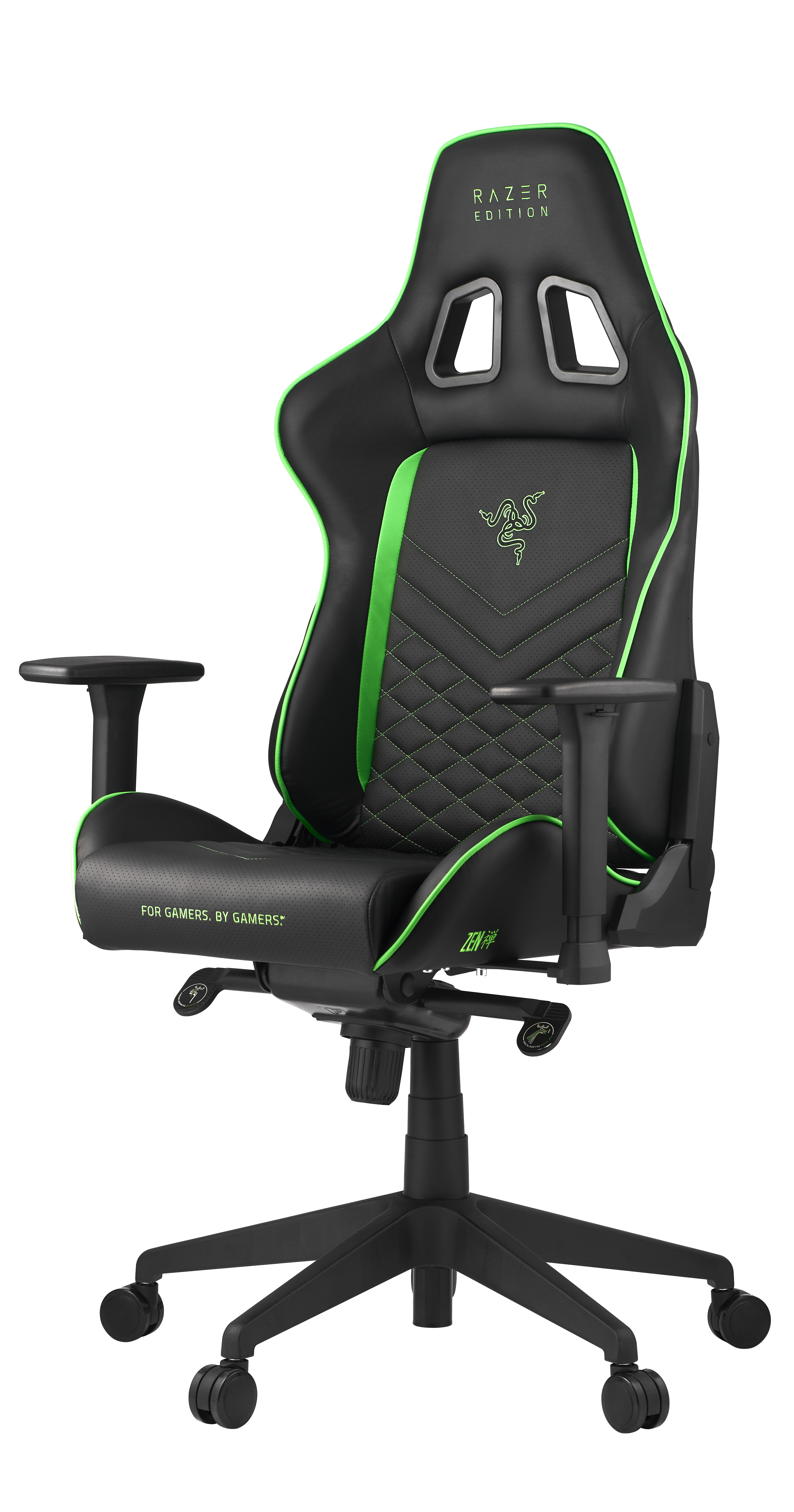Schwarz-grüner Razer-Gaming-Stuhl. Hat Razer-Logo und grüne Akzente. Schwarze Basis mit Rädern.