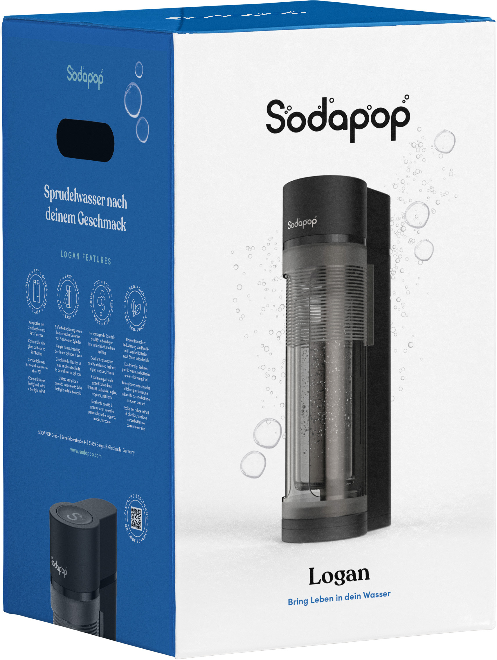 Sodapop Logan Sprudelwasserbereiter Box, mit schwarzem und silbernem Wassermacher.