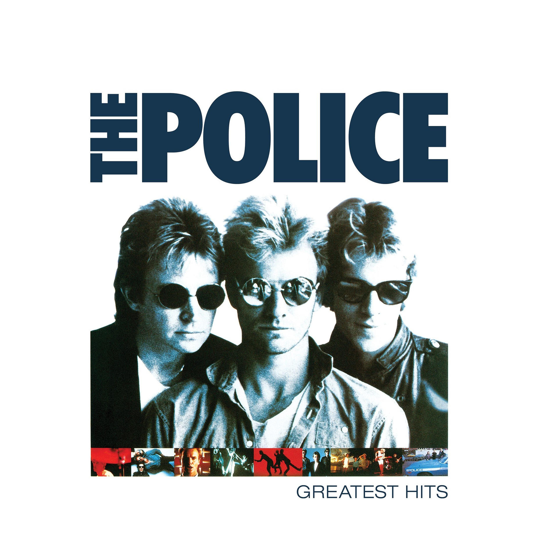 De albumhoes van The Police Greatest Hits toont de drie bandleden in zwart-wit met een zonnebril.
