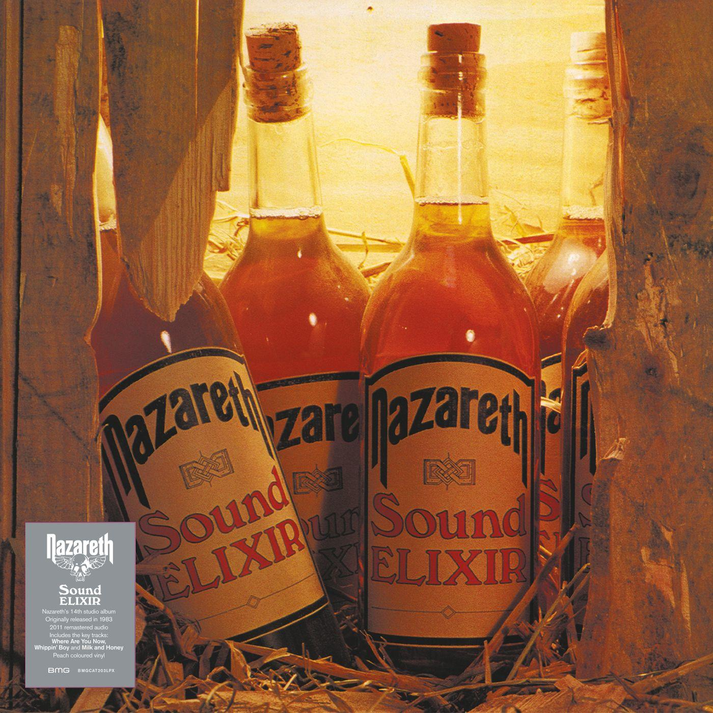 Nazareth album borító: 'Sound Elixir', folyadékos palackok egy fa ládában, látható címkerészletekkel.