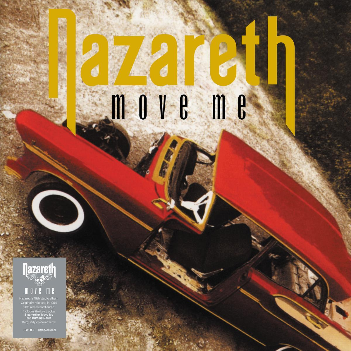 Album borító: Nazareth, 'Move Me' cím, autóbaleset kép, album részletek, logó.