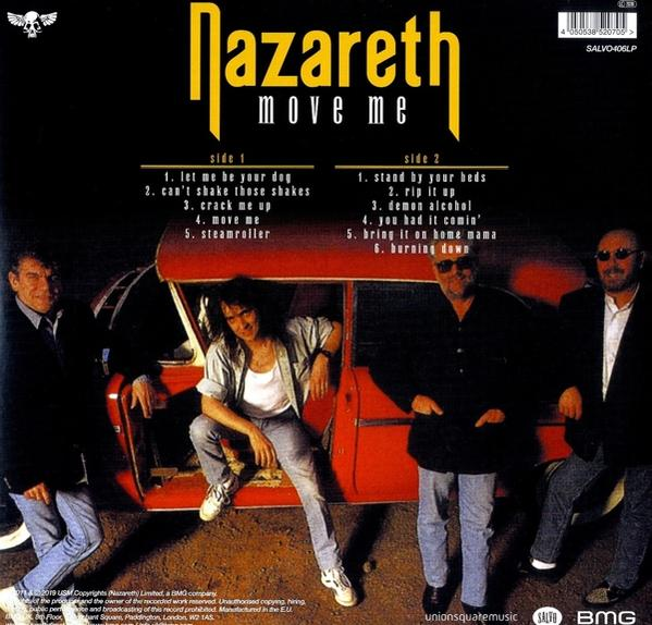 A Nazareth - Move Me album borítója, a zenekar tagjaival és egy piros autóval a háttérben.