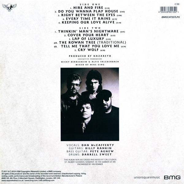 A Nazareth album hátlapja, zenekari fotóval és számlistával.