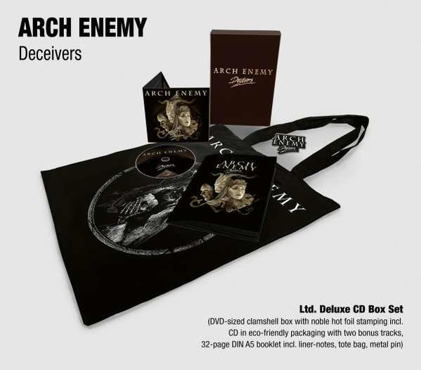 A 'Deceivers' című Arch Enemy album deluxe CD-box szettje, beleértve egy vászontáskát és egy füzetet.