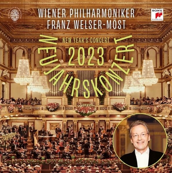 Hangversenyterem zenekarral, karmester portréja. Szöveg: Wiener Philharmoniker, Franz Welser-Möst, Újévi Koncert 2023, Jahrskonzert.