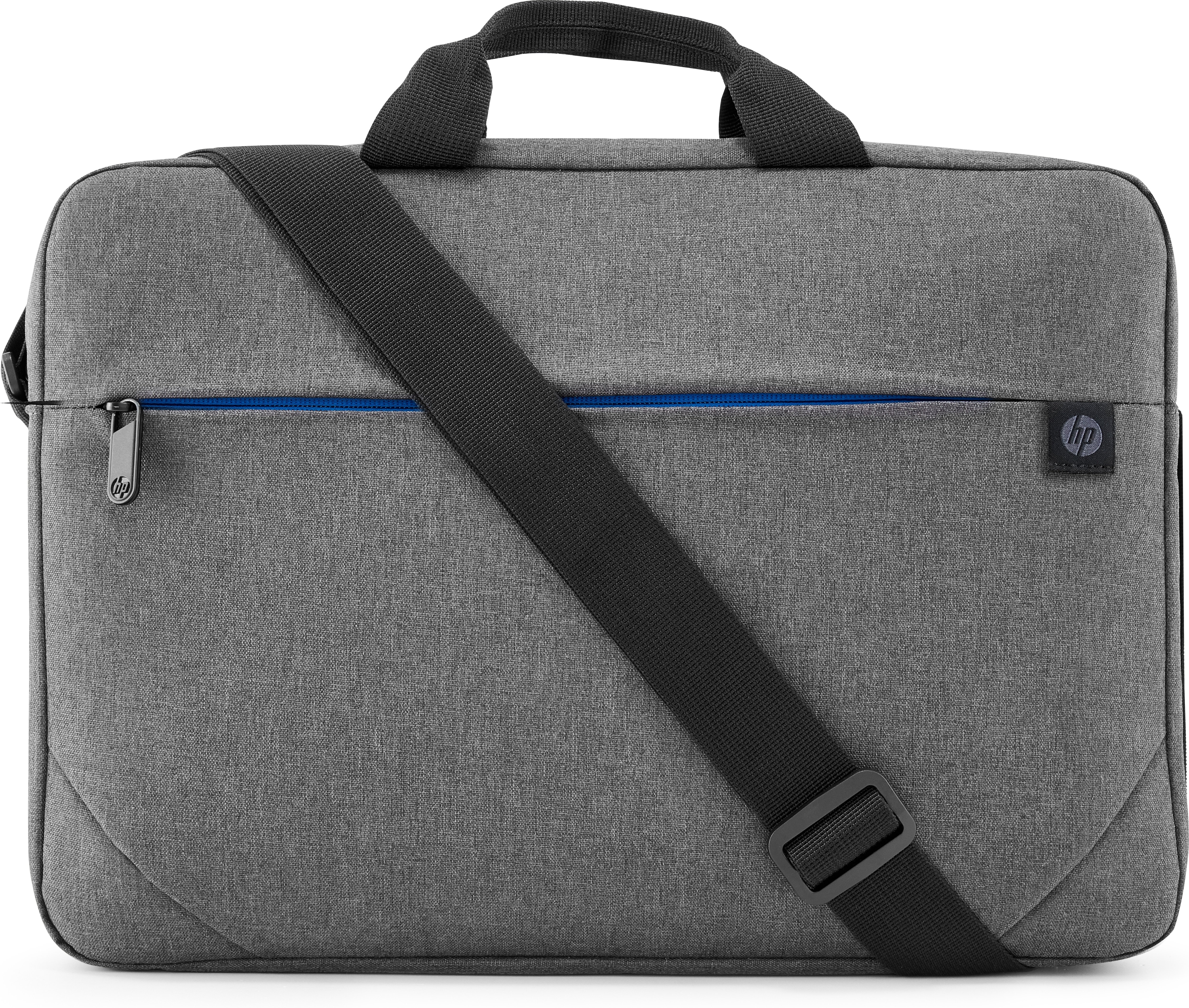 Graue HP Laptoptasche mit Trageriemen. Eine blaue Linie ist sichtbar. HP-Logo auf der Tasche.