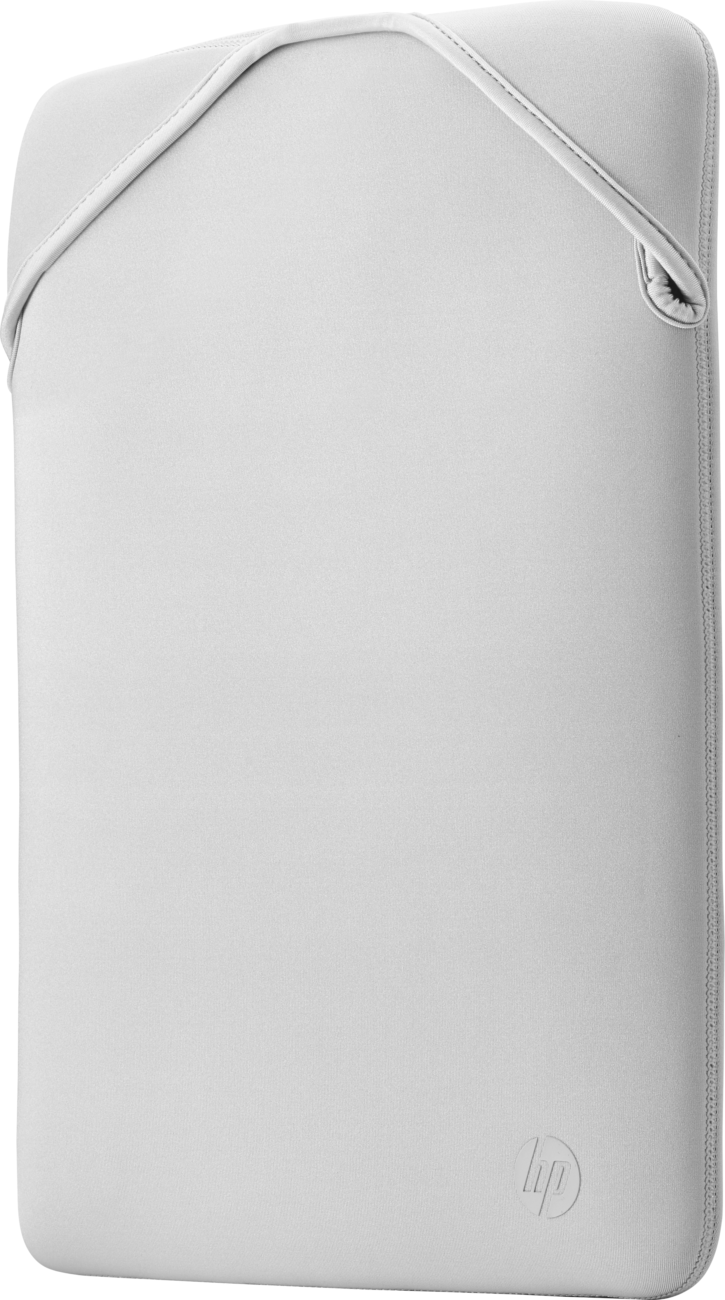 A light grey HP laptop sleeve. It has a zipper and a small logo.
