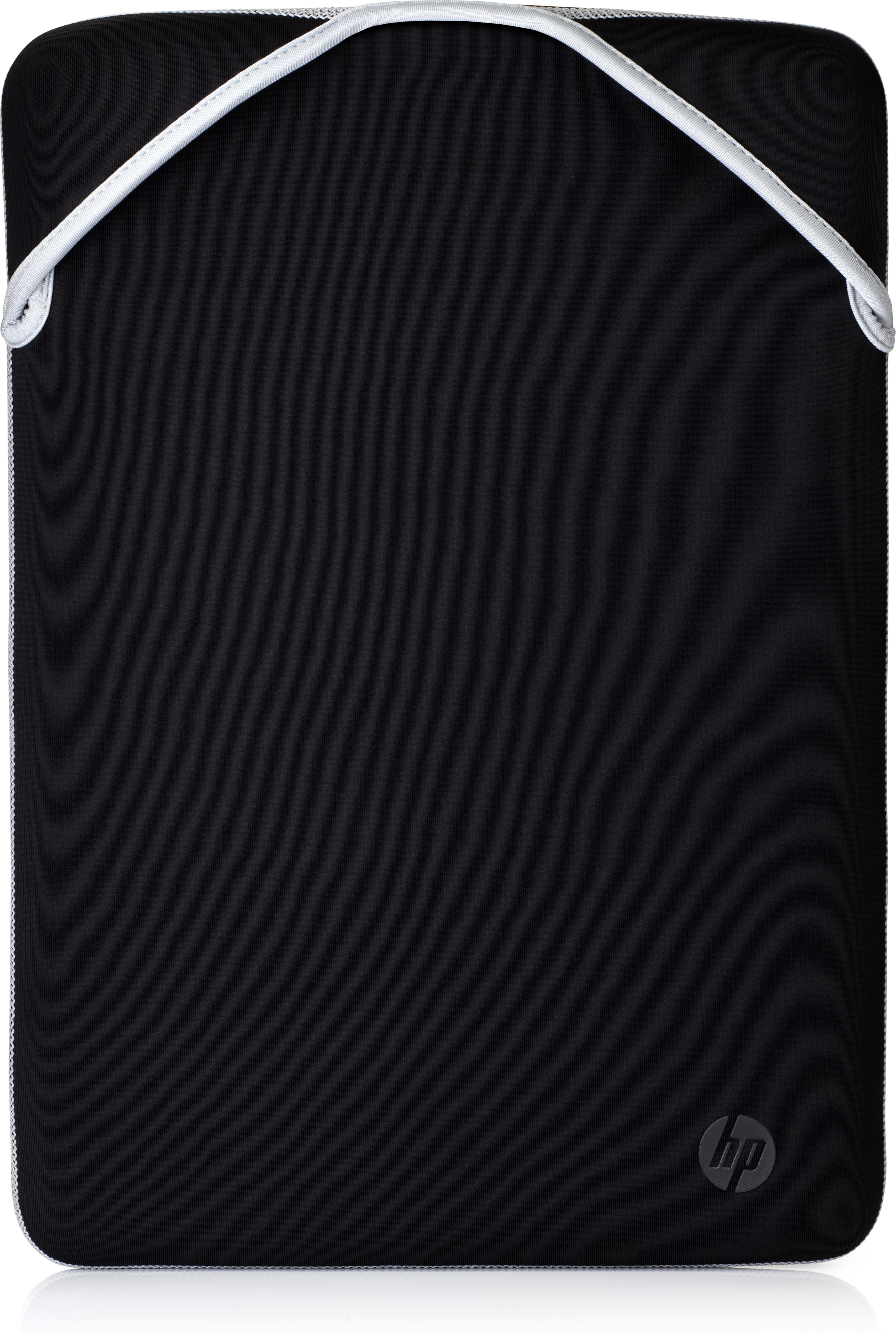Black HP laptop sleeve with HP logo, and white trim along the edges.
