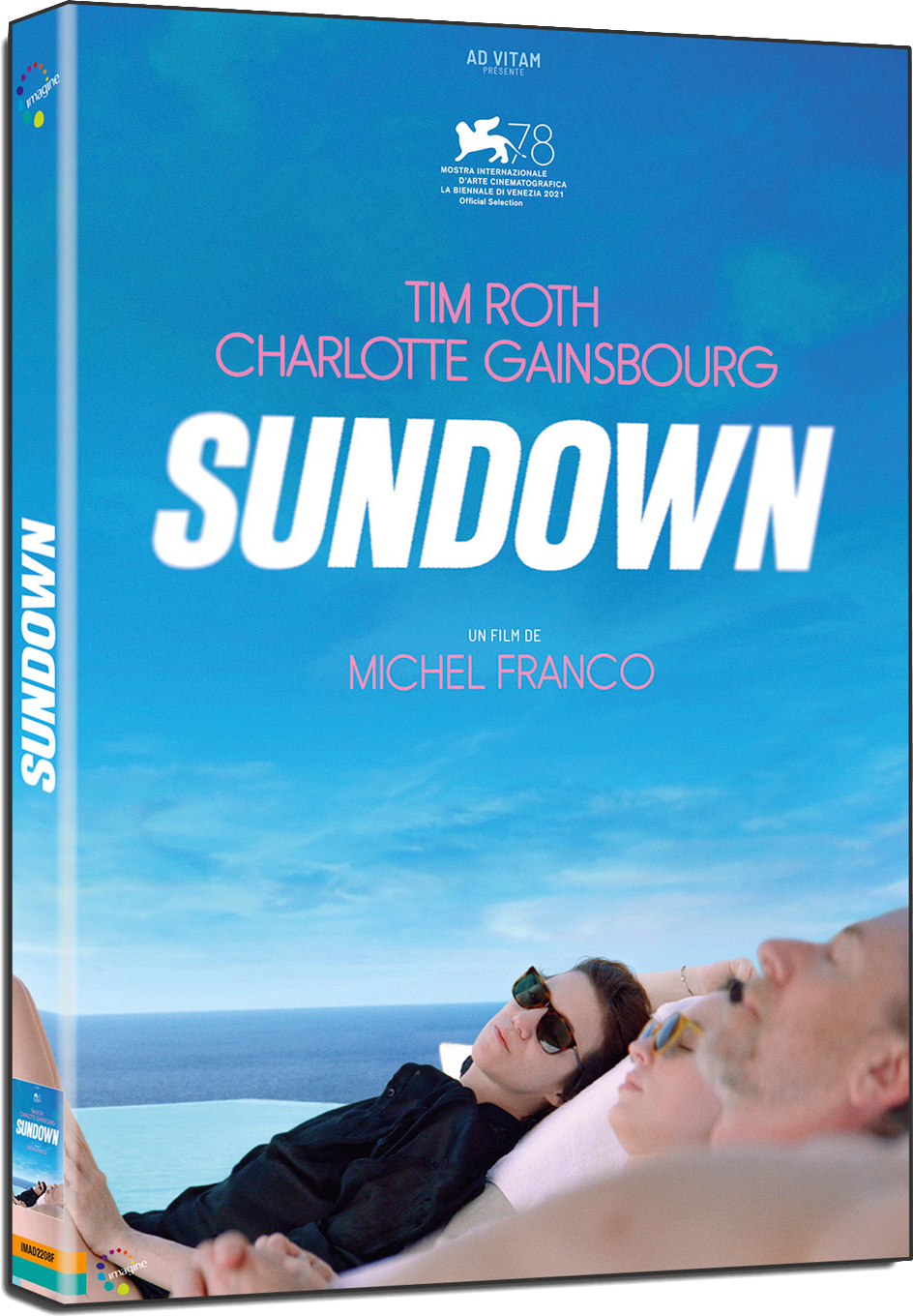 Couverture du DVD du film avec Tim Roth et Charlotte Gainsbourg. Ciel bleu, texte : Sundown.
