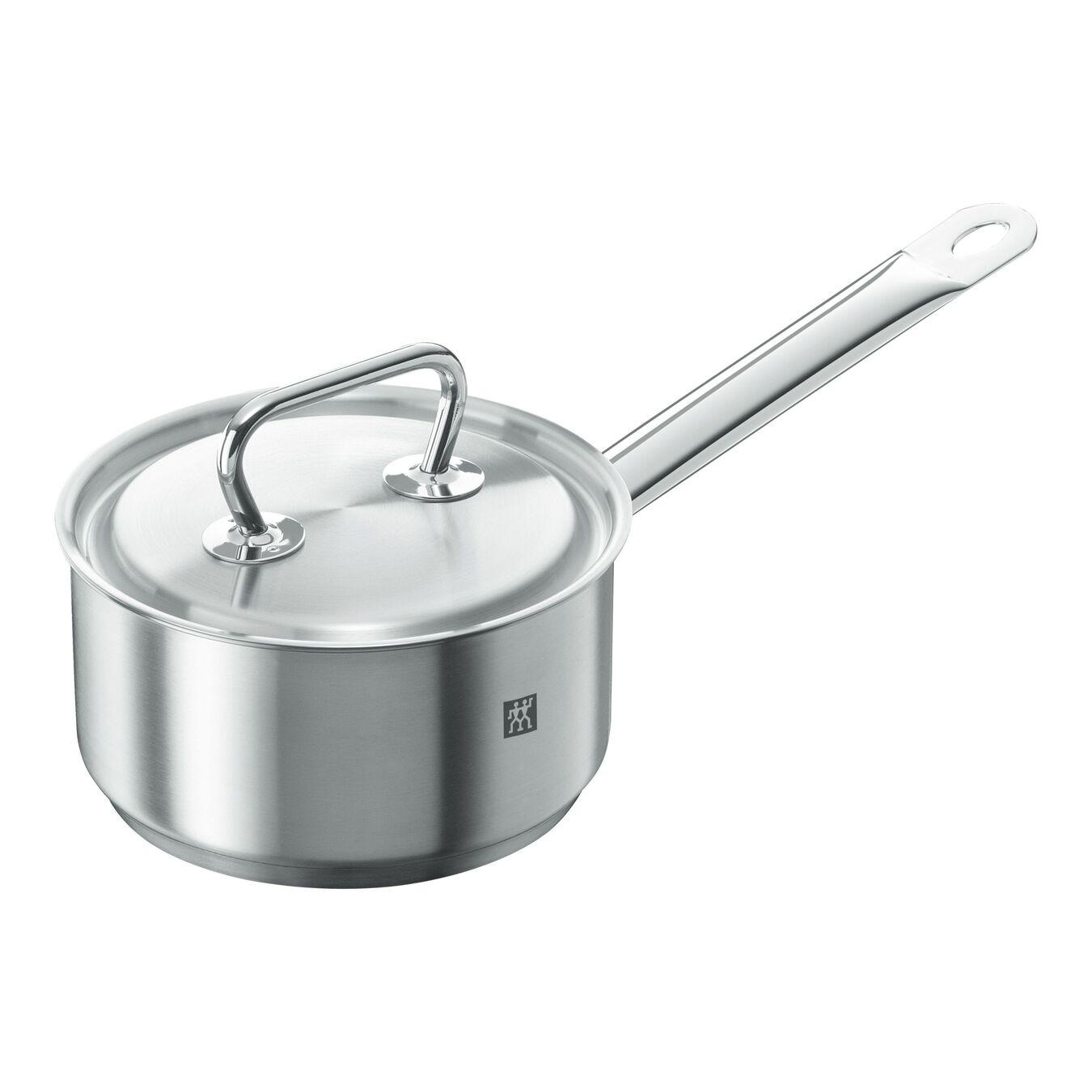 Ein Edelstahl-Kochtopf mit Deckel. Silberner Griff und ein kleiner Griff am Deckel.