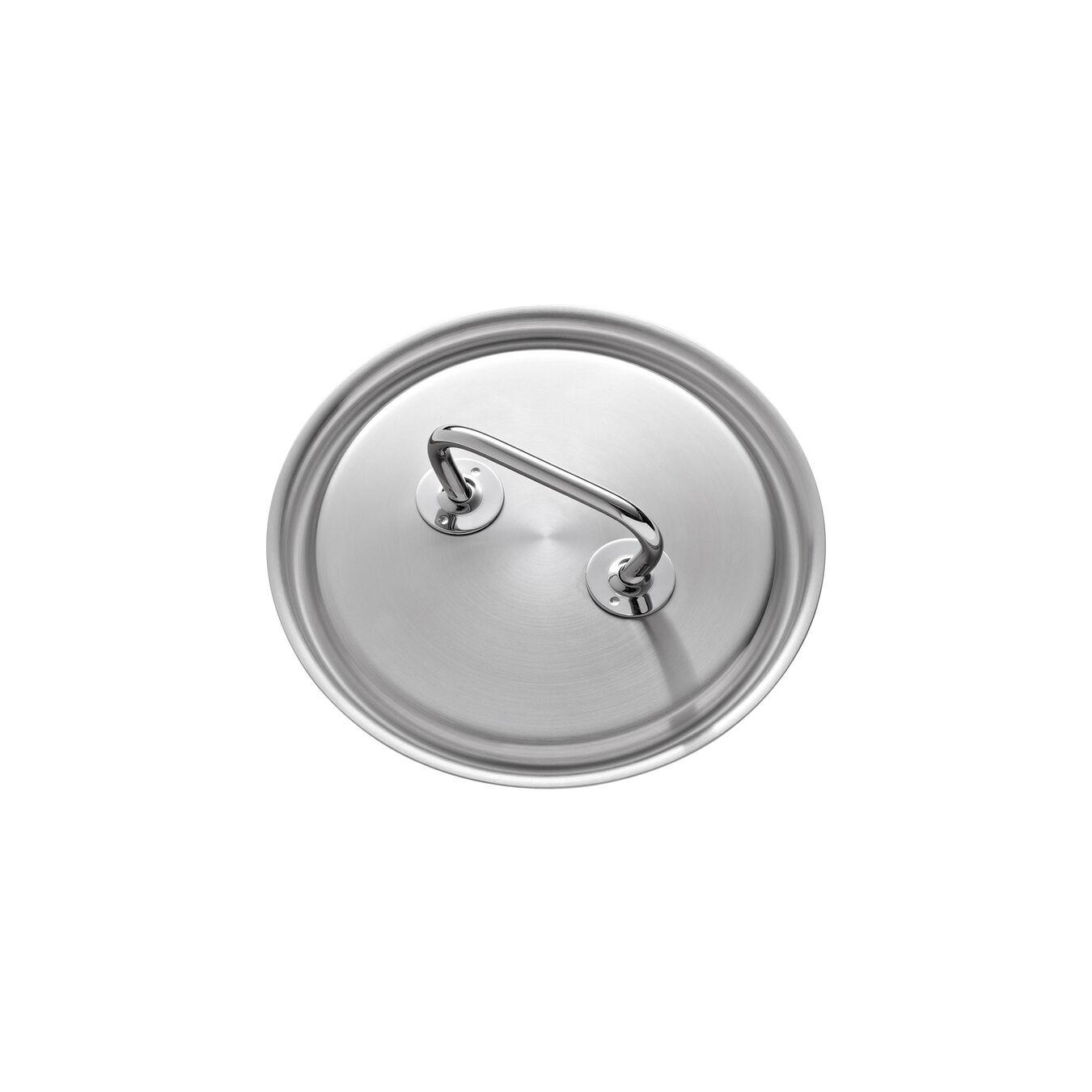 Ein Edelstahltopfdeckel mit Griff. Der Deckel ist kreisförmig und reflektiert Licht.