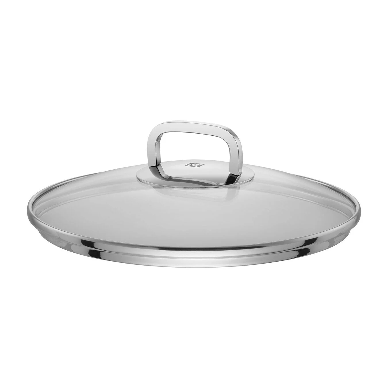 Ein Glasdeckel mit silbernem Griff.