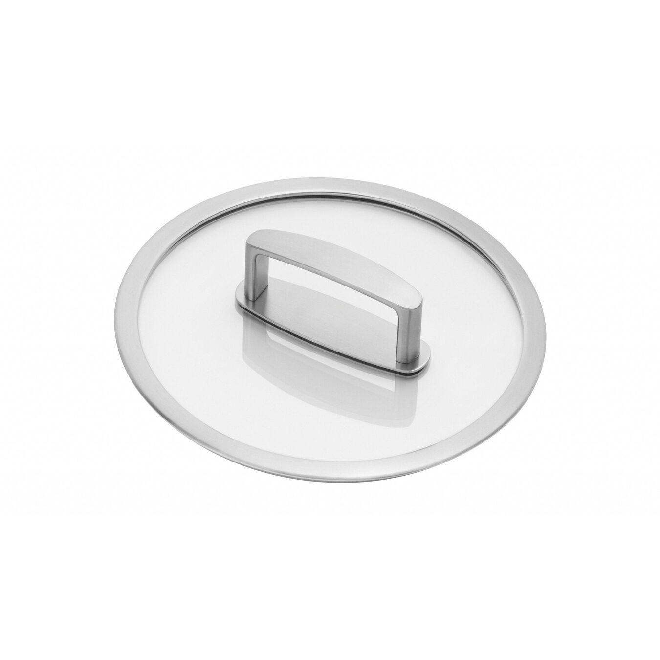 Ein runder, transparenter Glasdeckel mit einem silbernen Griff.