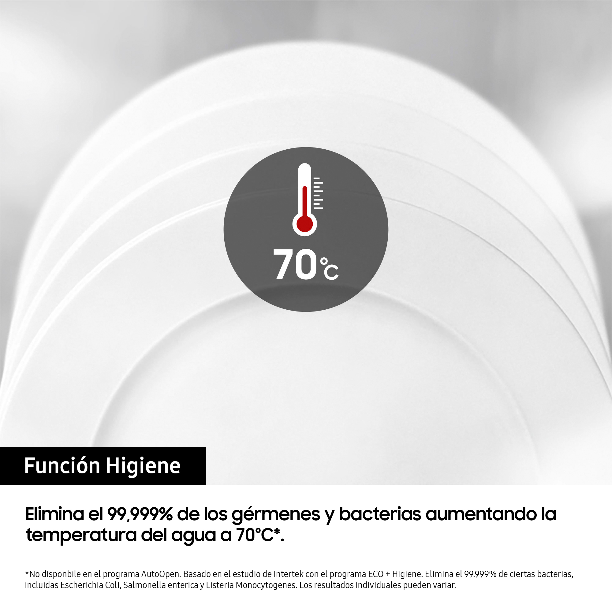 Un plato blanco con un icono de termómetro que indica 70 grados Celsius, con texto debajo.