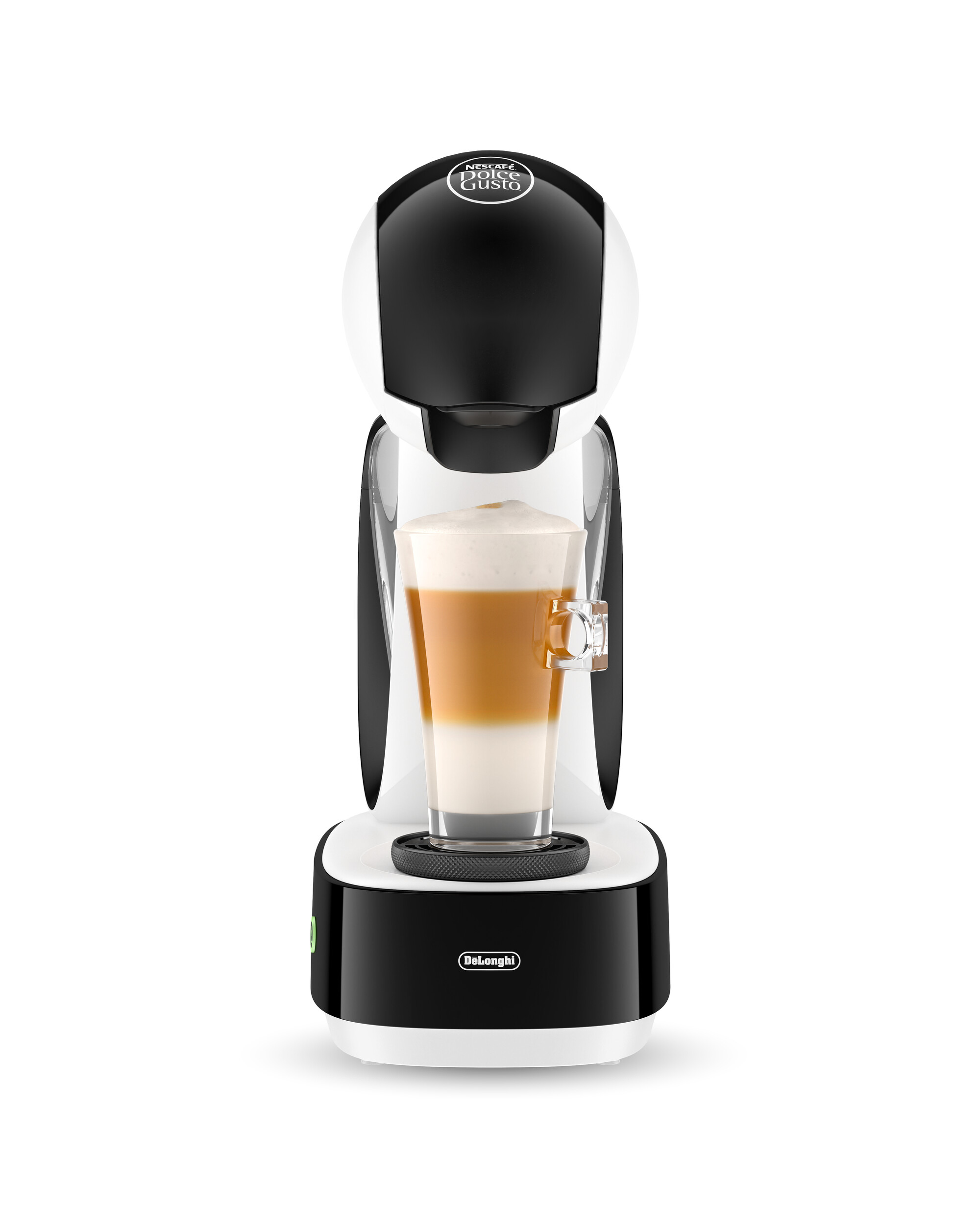 Cafetera blanca y negra con vaso de latte macchiato. Logos Delonghi y Nescafé.