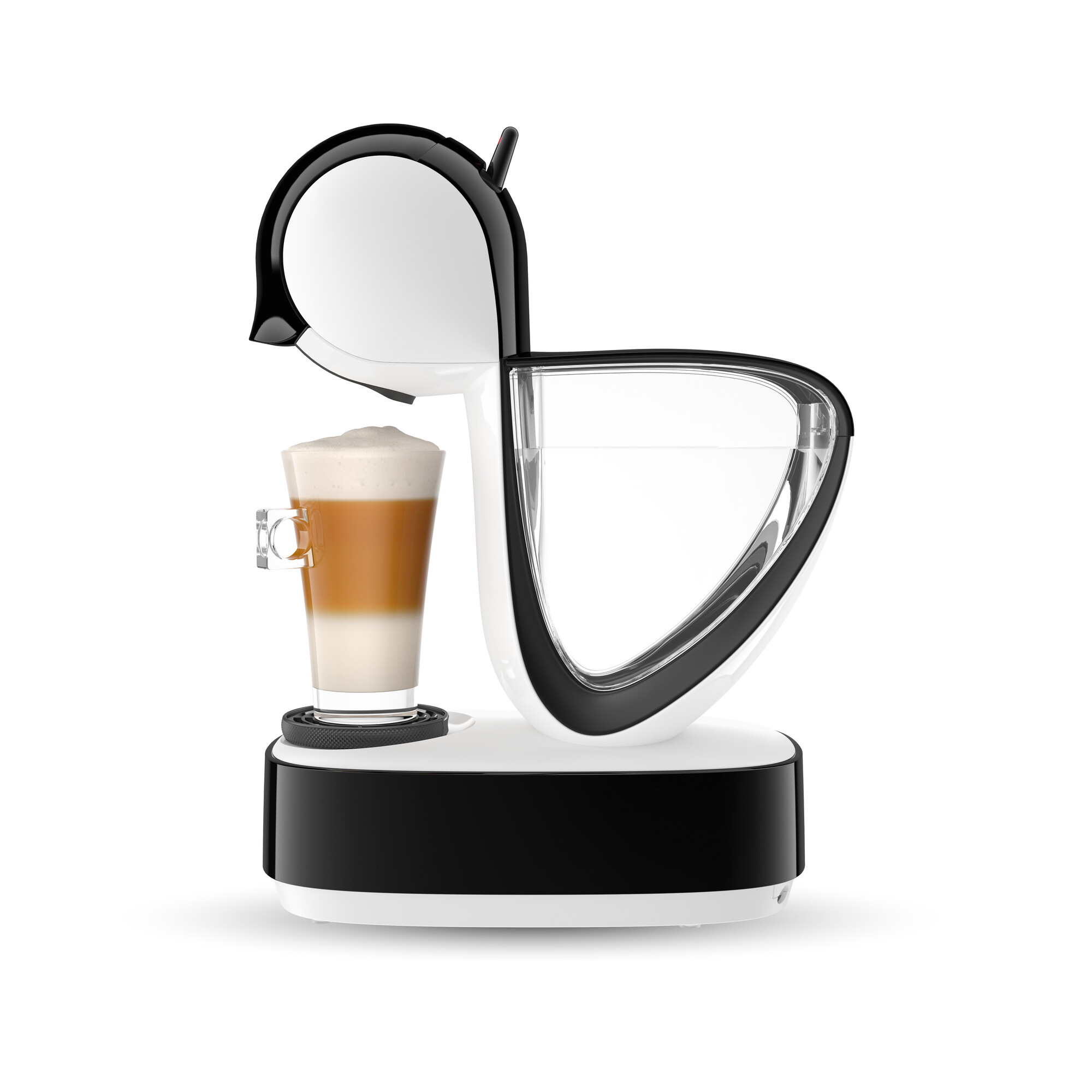 Cafetera con un vaso de capuchino, diseño blanco y negro, fondo blanco.