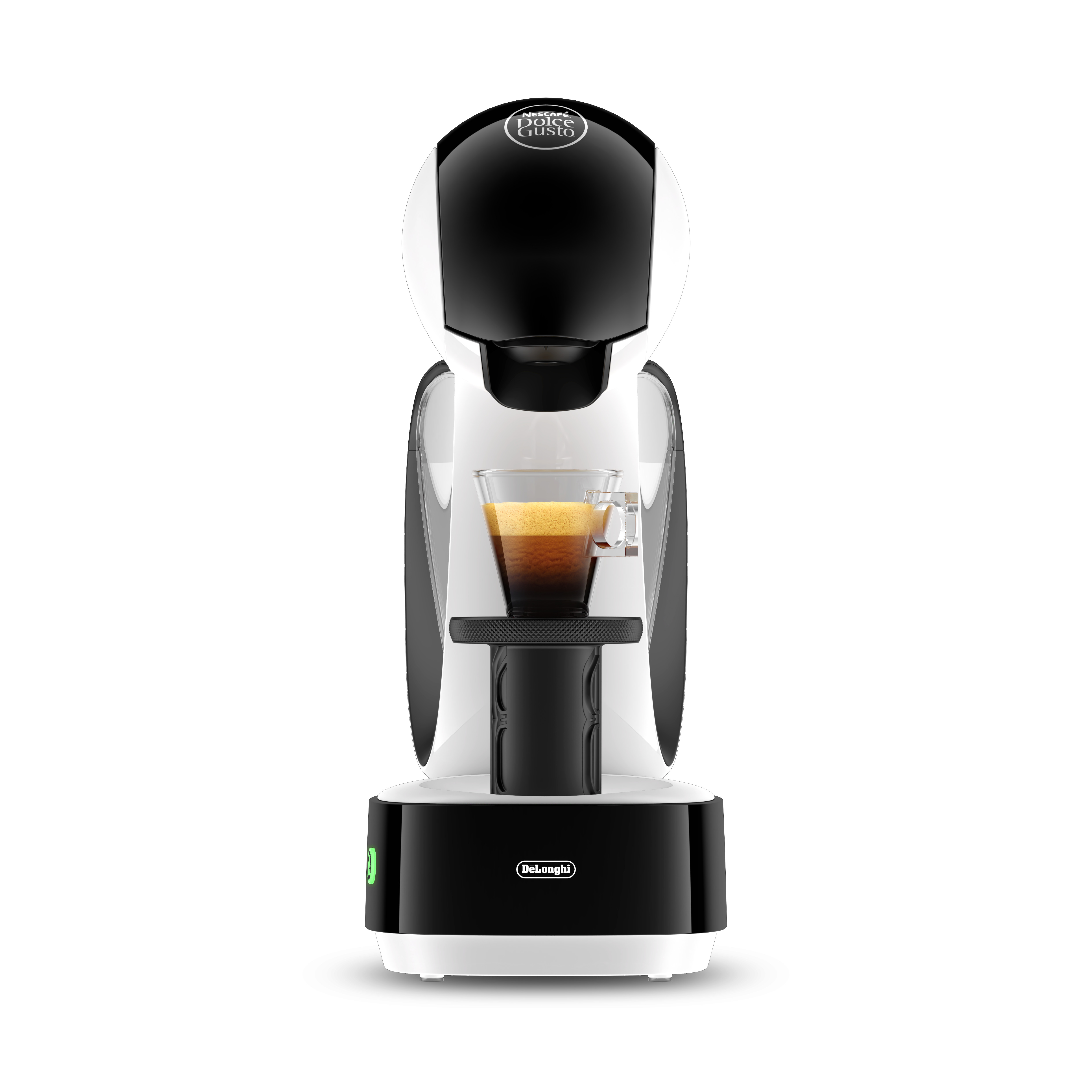 Una cafetera Dolce Gusto blanca y negra con una taza de café vertiéndose.