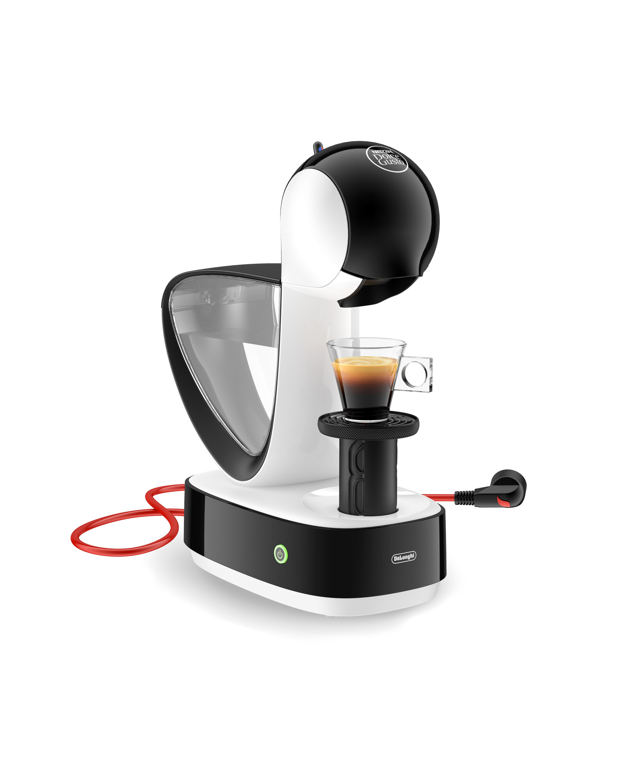 Una cafetera blanca y negra con una taza de café y un cable de alimentación rojo.