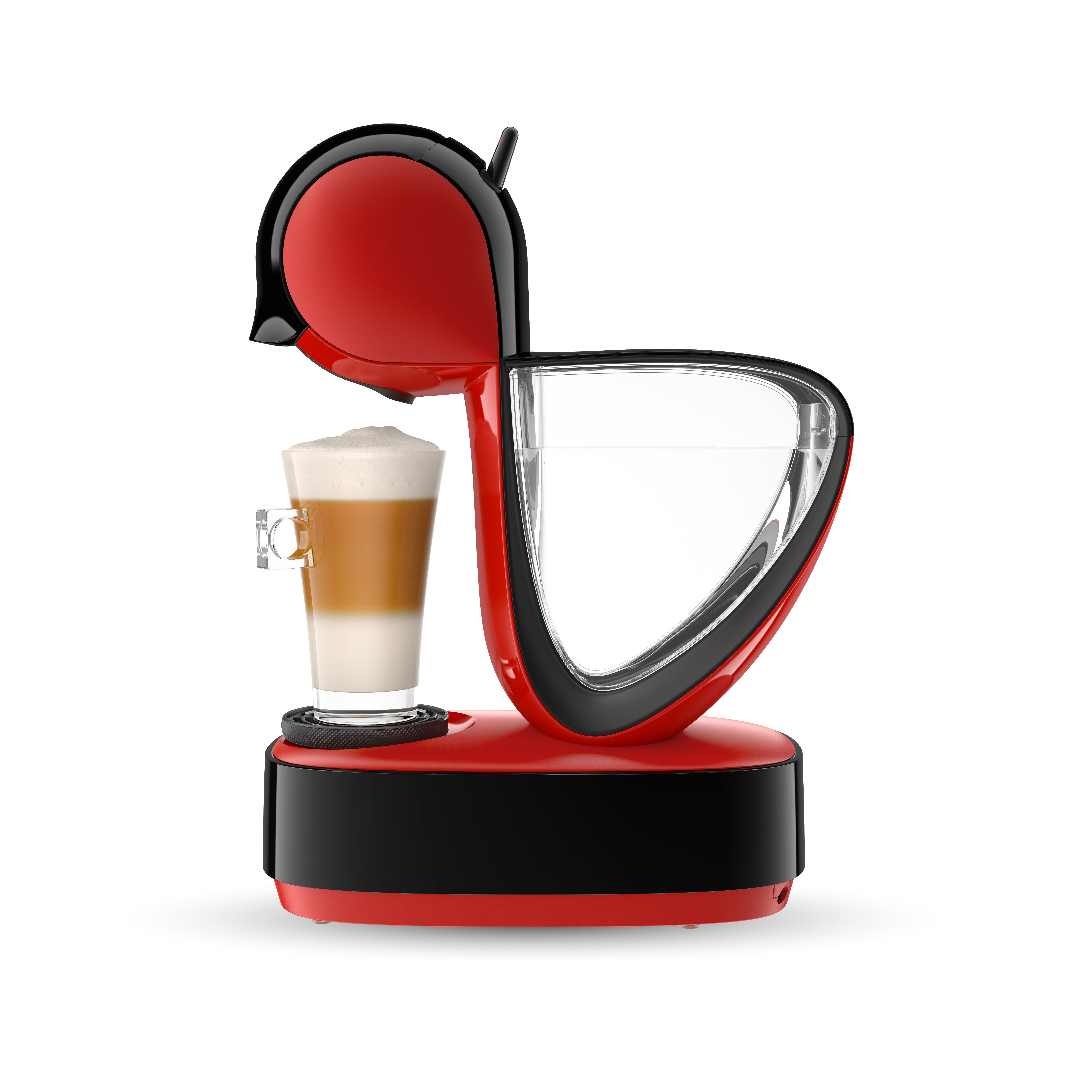 Una cafetera roja y negra con un vaso y un café con leche.
