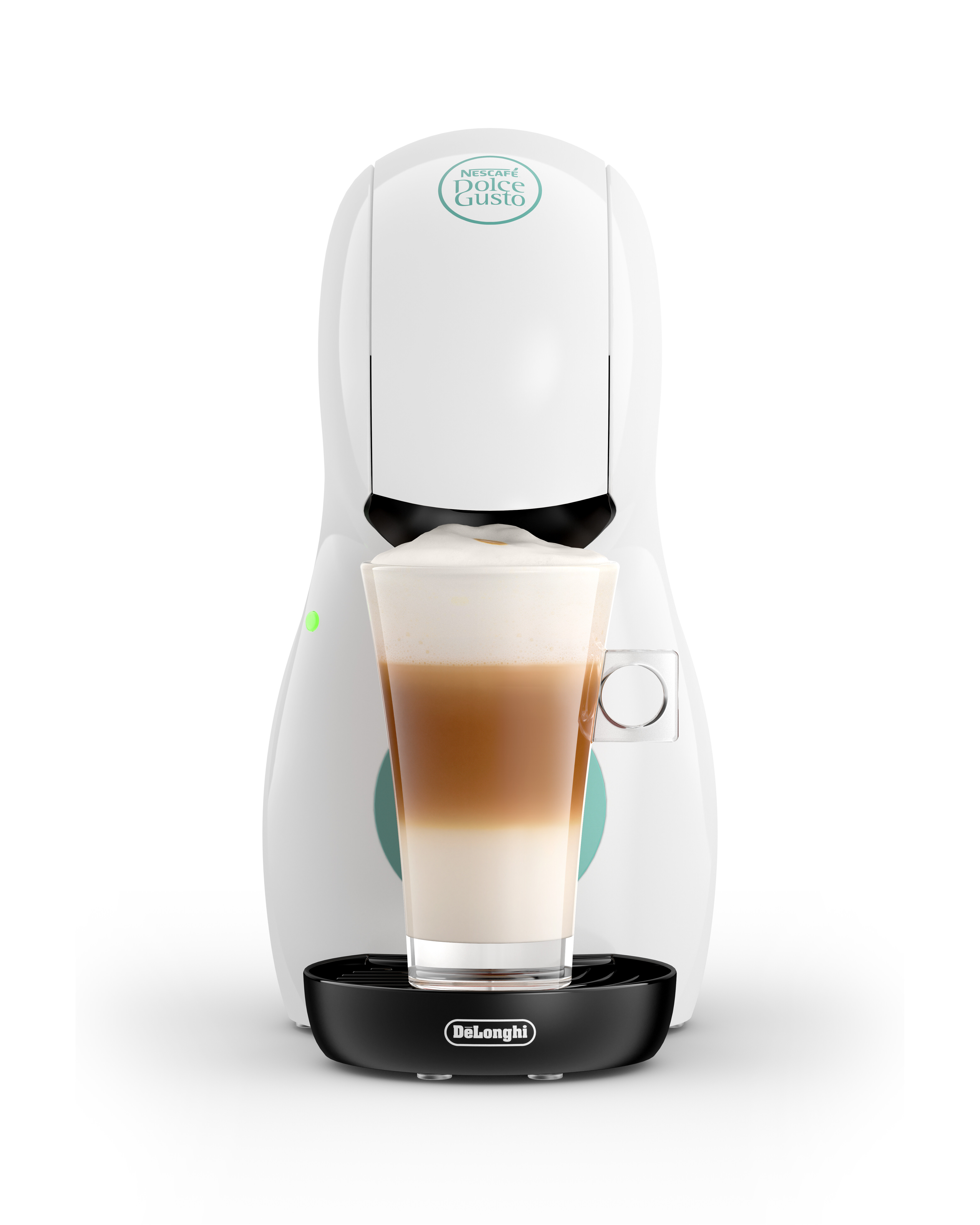 Cafetera Nescafé Dolce Gusto blanca, con un vaso de café en capas.