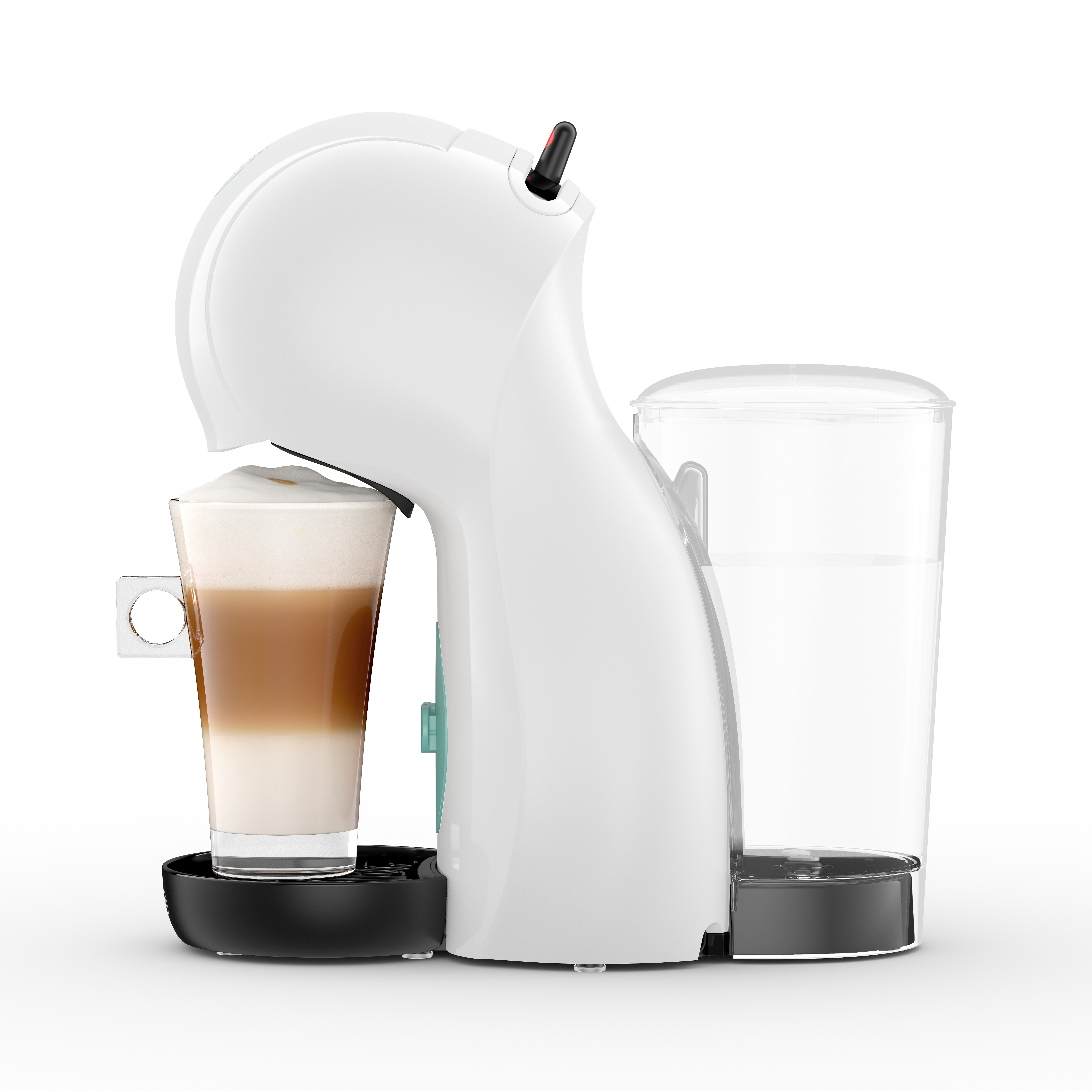 Máquina de café blanca con un vaso de latte macchiato y un depósito de agua.