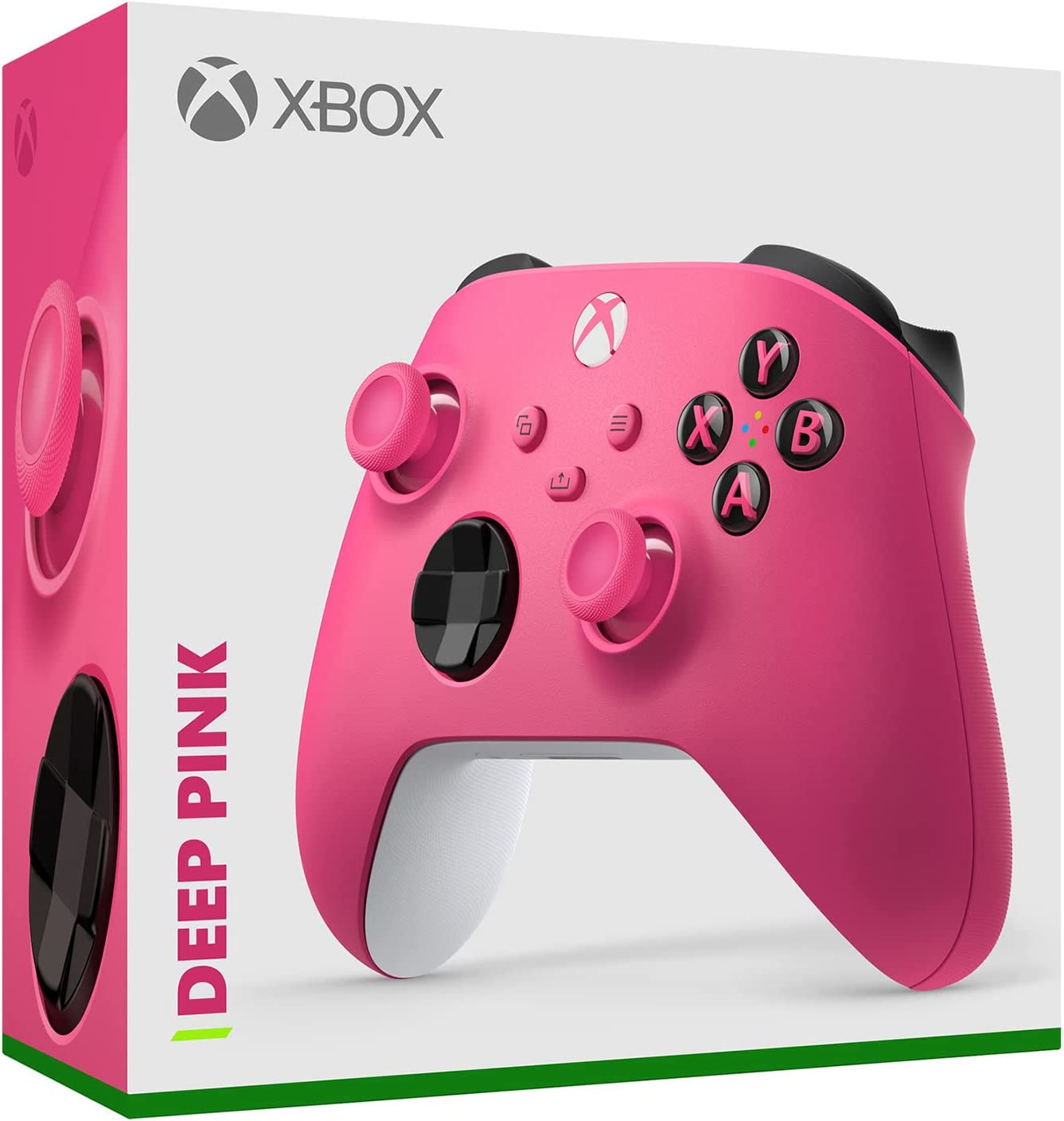 Manette Xbox rose foncé dans sa boîte, avec un bas blanc.