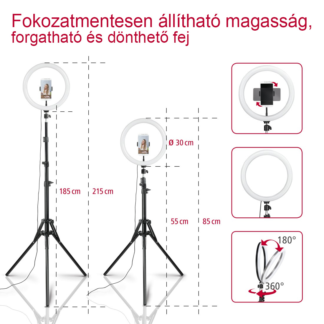 Két gyűrűfény állvánnyal, különböző magasság- és szögbállítási lehetőségekkel.