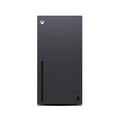 Consola de juegos Xbox Series X de color gris oscuro. La parte delantera es lisa, con un logotipo de Xbox. El botón de encendido está abajo.