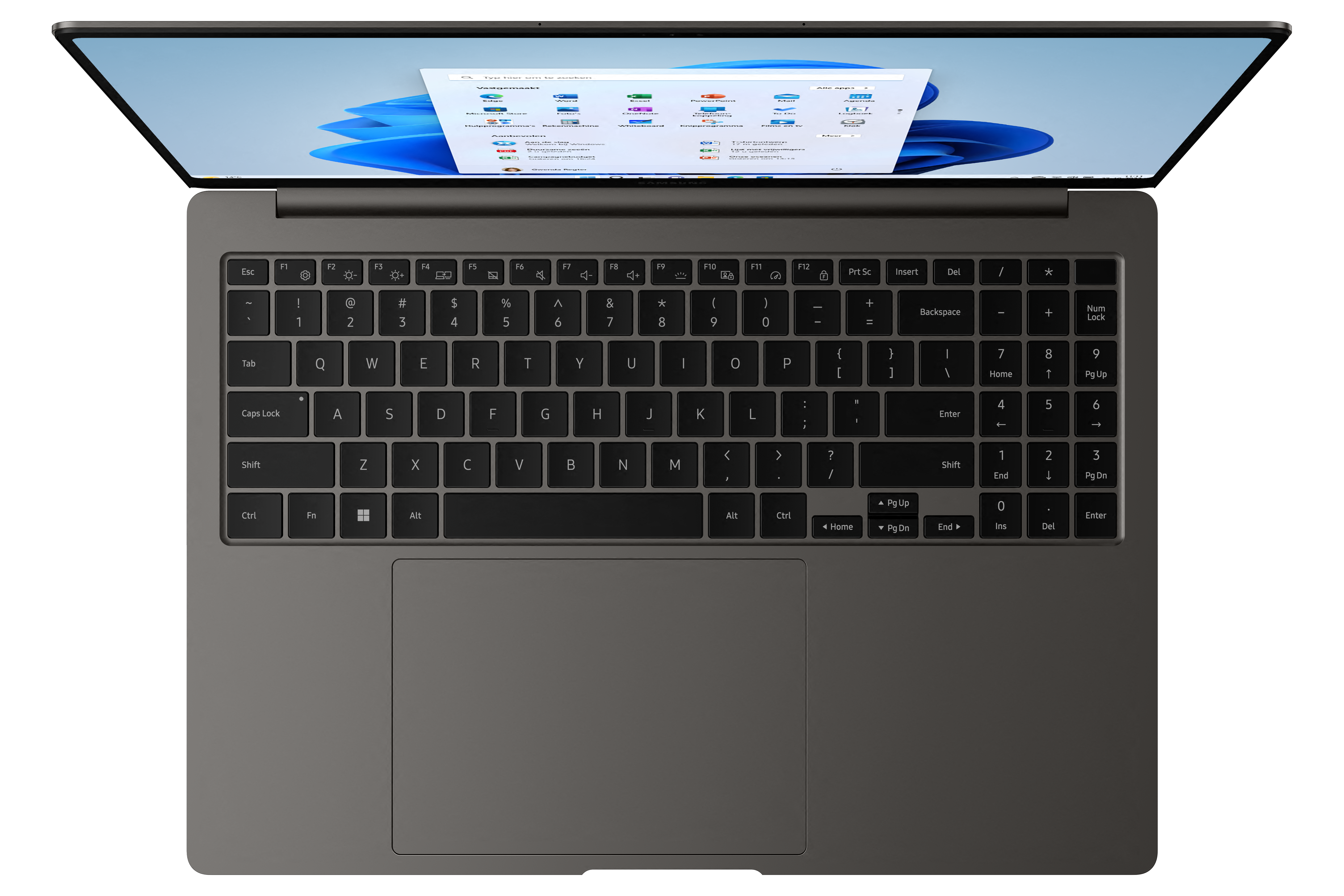 Laptop with open screen displaying a Windows interface. Keyboard and touchpad are visible.
