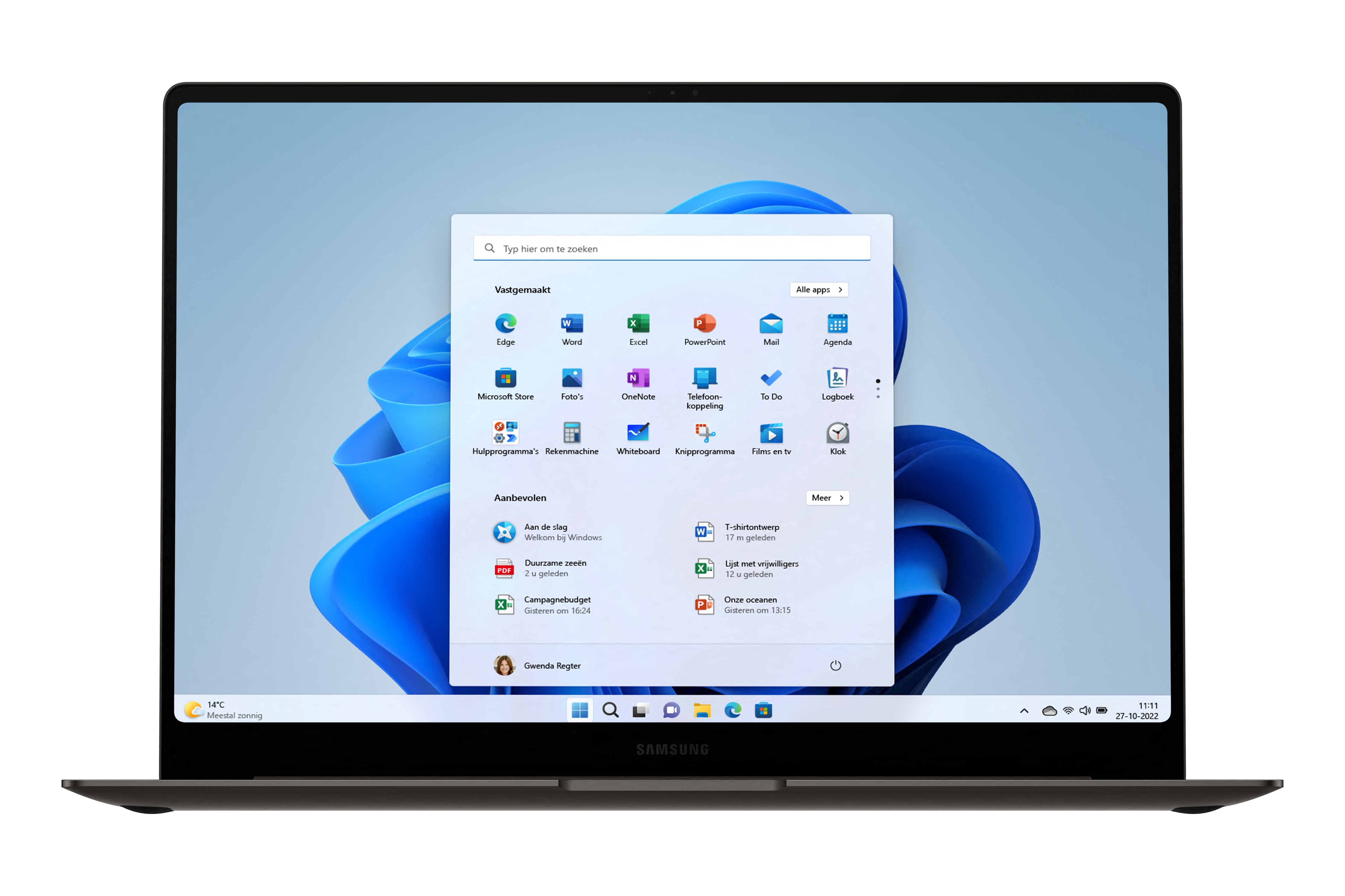 A laptop screen displays the Windows 11 start menu with app icons. Blue and white background. The laptop is black.