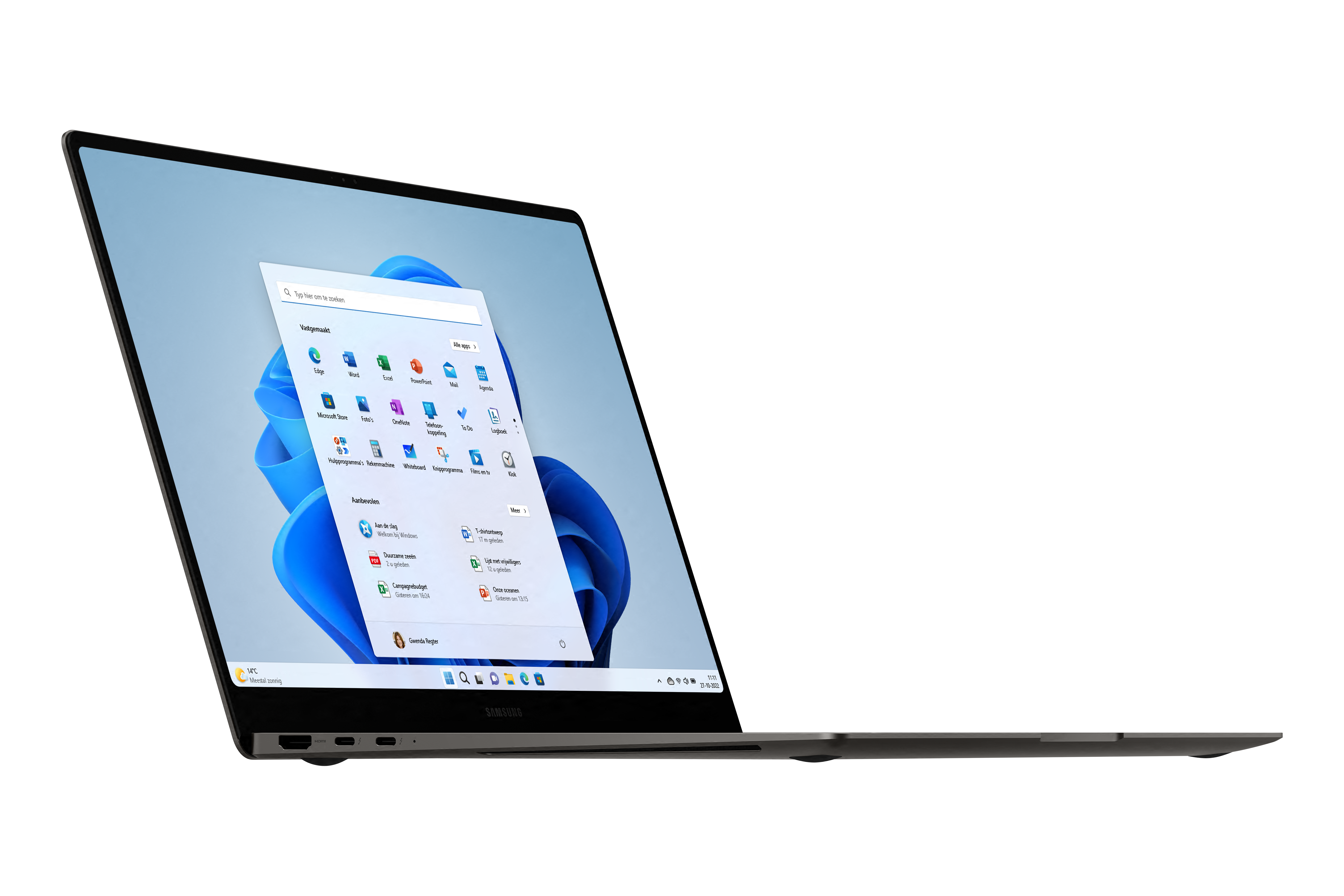 Laptop open, showing Windows 11 interface. Start menu is displayed with app icons. Samsung logo is visible.