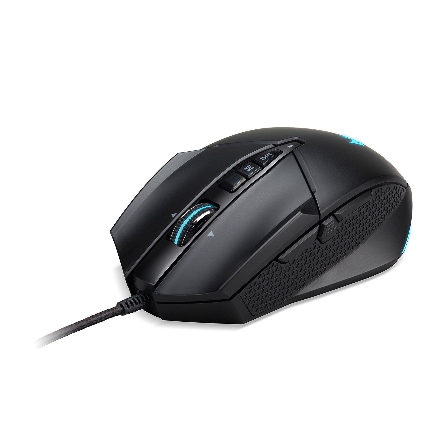 Un mouse da gioco nero con connessione cablata, angolato verso destra.