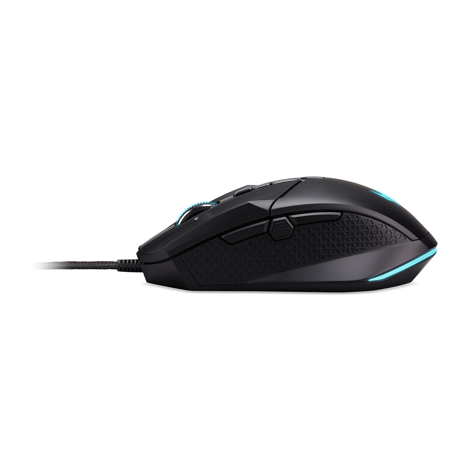 Mouse da gioco nero con pulsanti laterali, impugnatura testurizzata e dettagli illuminati.