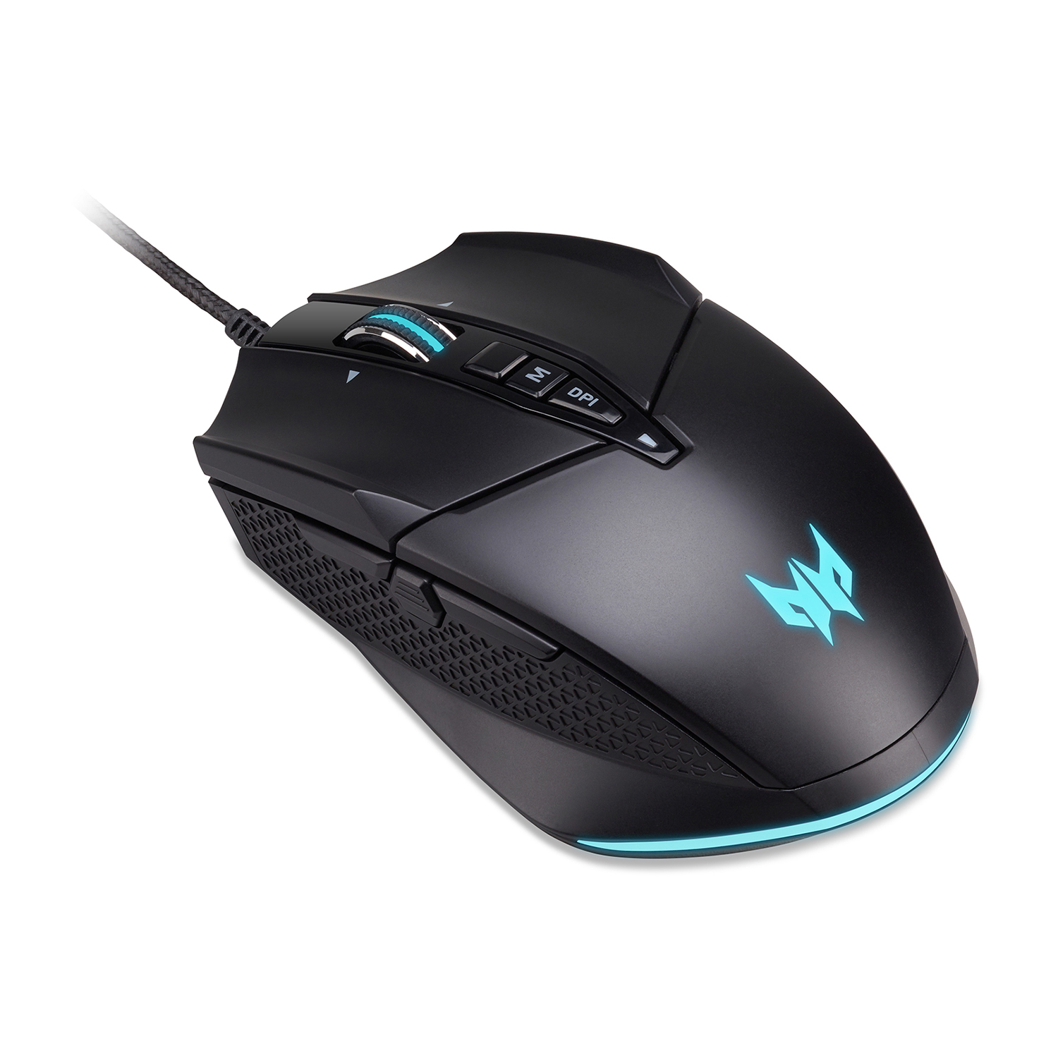Mouse da gaming nero con dettagli blu, pulsanti e logo su sfondo bianco.