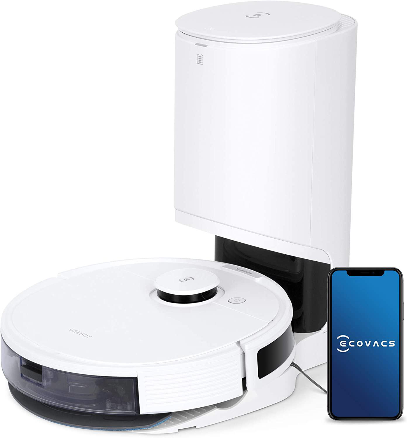 Weißer DEEBOT-Roboterstaubsauger, Ladestation und Smartphone mit ECOVACS-Logo.