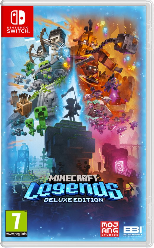 Minecraft Legends Deluxe Edition gamebox. Diverse personages en scènes, met een Nintendo Switch logo.