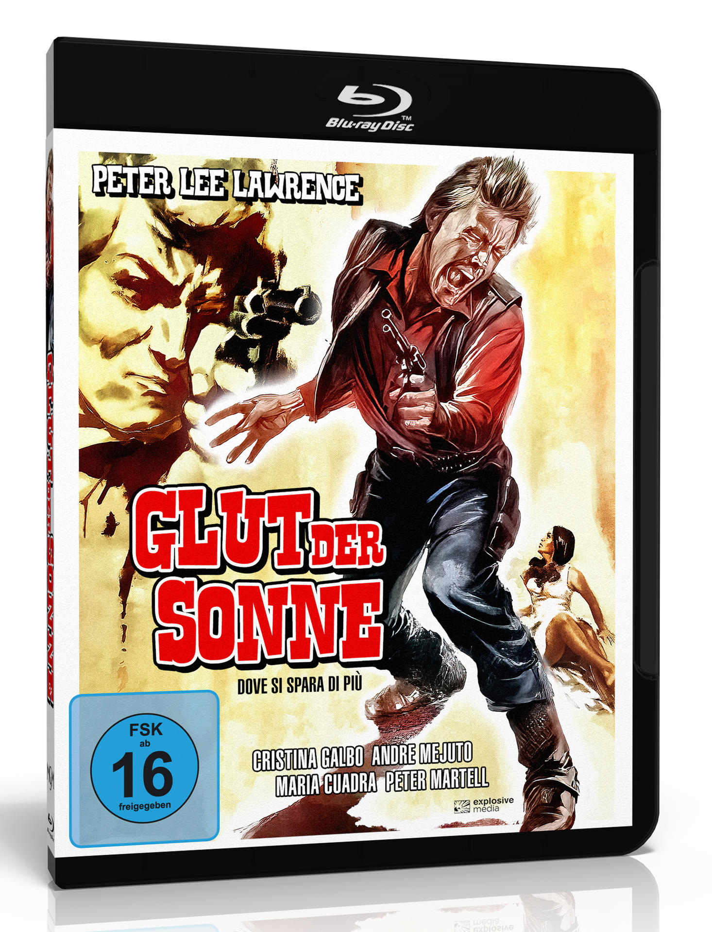 Blu-ray-Hülle. Cover zeigt Mann mit Waffe, intensiver Ausdruck. Titel: Glut der Sonne.