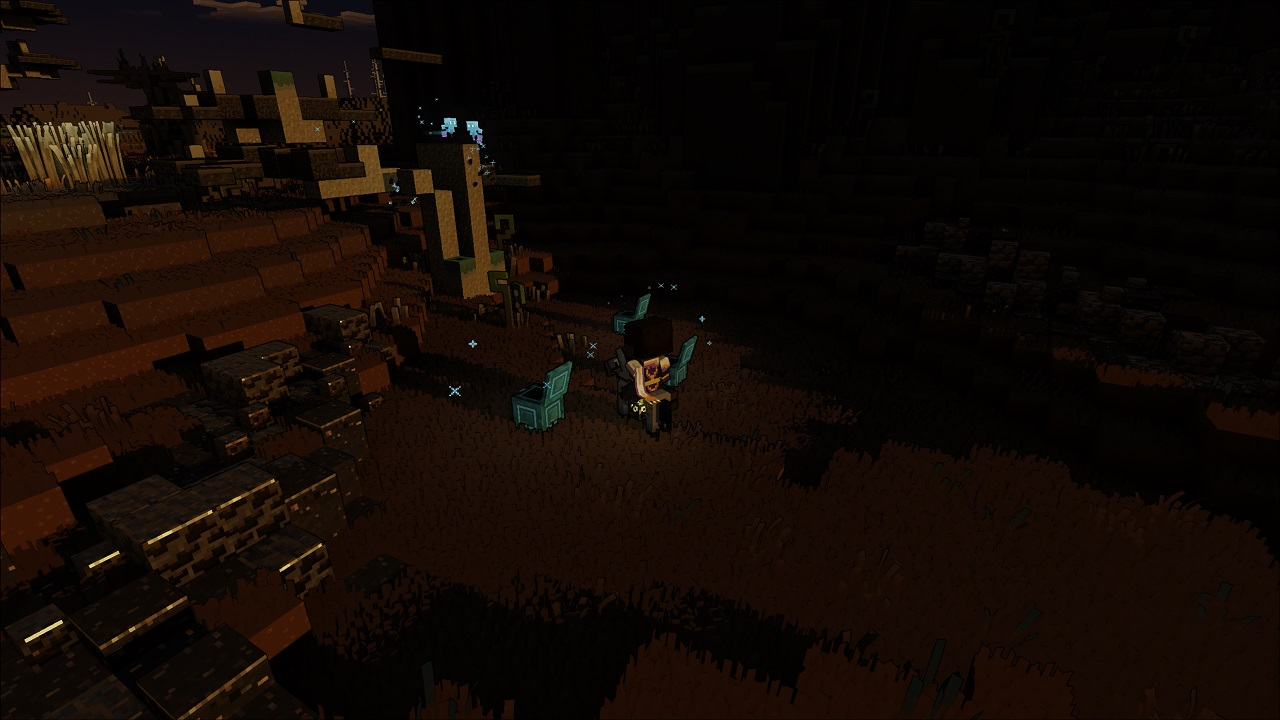 Een Minecraft-scène met een speler op de voorgrond en een fantasielandschap op de achtergrond.