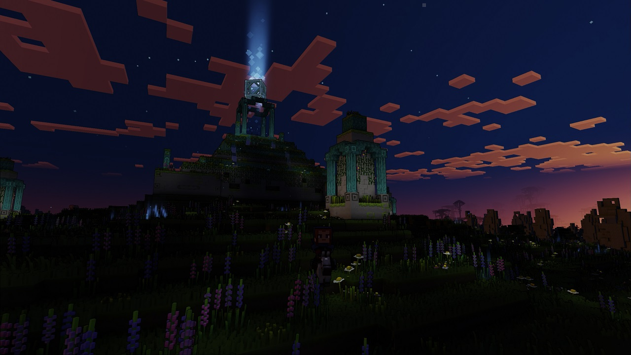 Minecraft-scène. Twee personages staan in een veld met torens en een kleurrijke lucht.