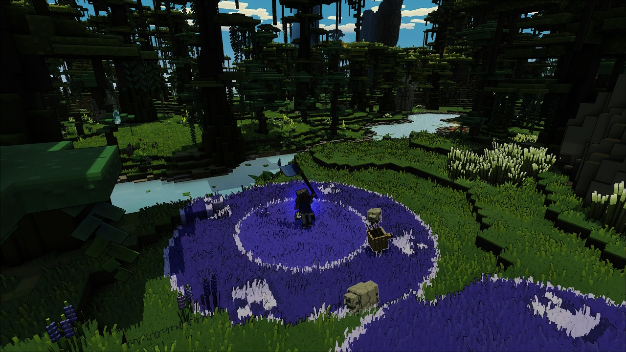 Een gepixelde game-scène met een personage in een paarse cirkel, omringd door bomen en een rivier. De lucht is blauw.
